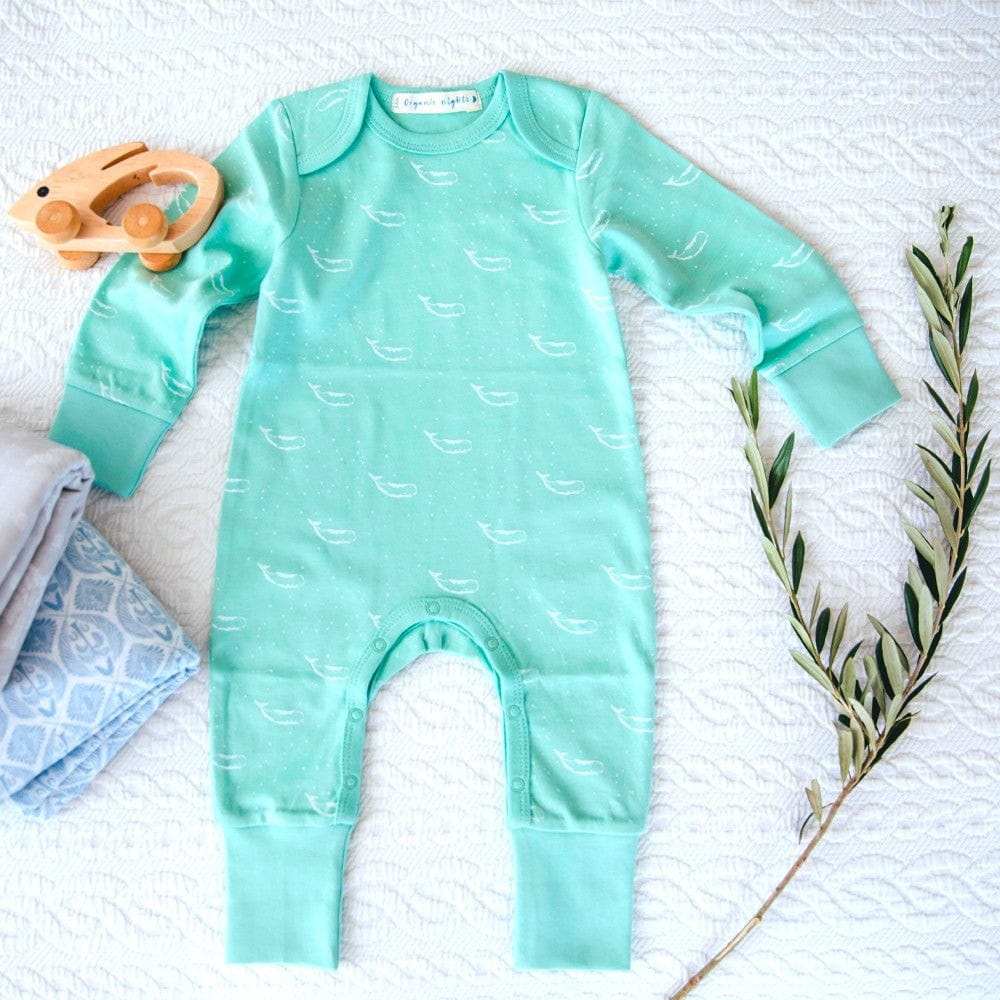 Organic Cotton Baby Sleepsuit - Soft Sage Green Infant Pajamas with Tiny Whales Print | Comfortable & Breathable for Newborns & Toddlers | Perfect for Nursery, Bedtime & Playtime