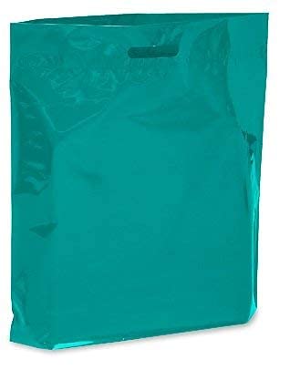 100 Pack Teal Blue 9x12 Inch Patch Handle Plastic Tote Bags - Bulk Merchandise Bags for Retail Stores, Grocery Shopping & Party Favors | Durable Store Supplies & Gift Bags for Business & Events