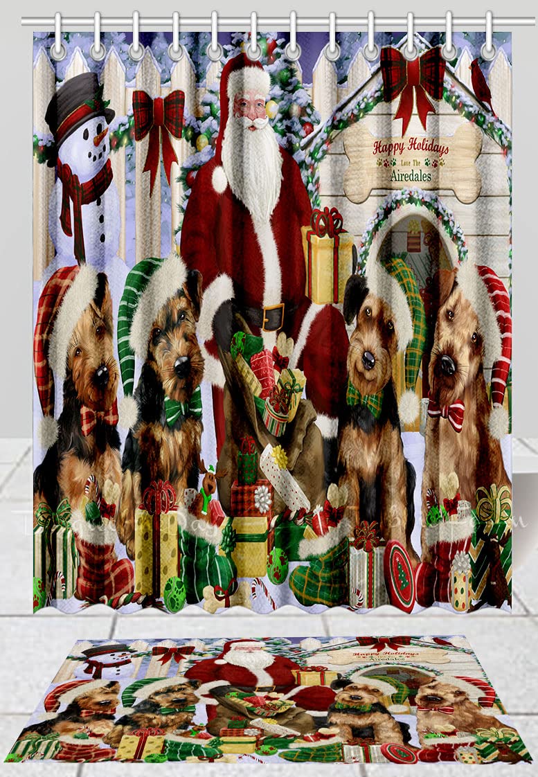 Christmas House Gathering Airedale Dog Shower Curtain & Bath Mat Set - Anti-Slip Bathroom Decor, Plush Rug, Polyester Bathtub Curtain with Hooks (Bath Mat 16