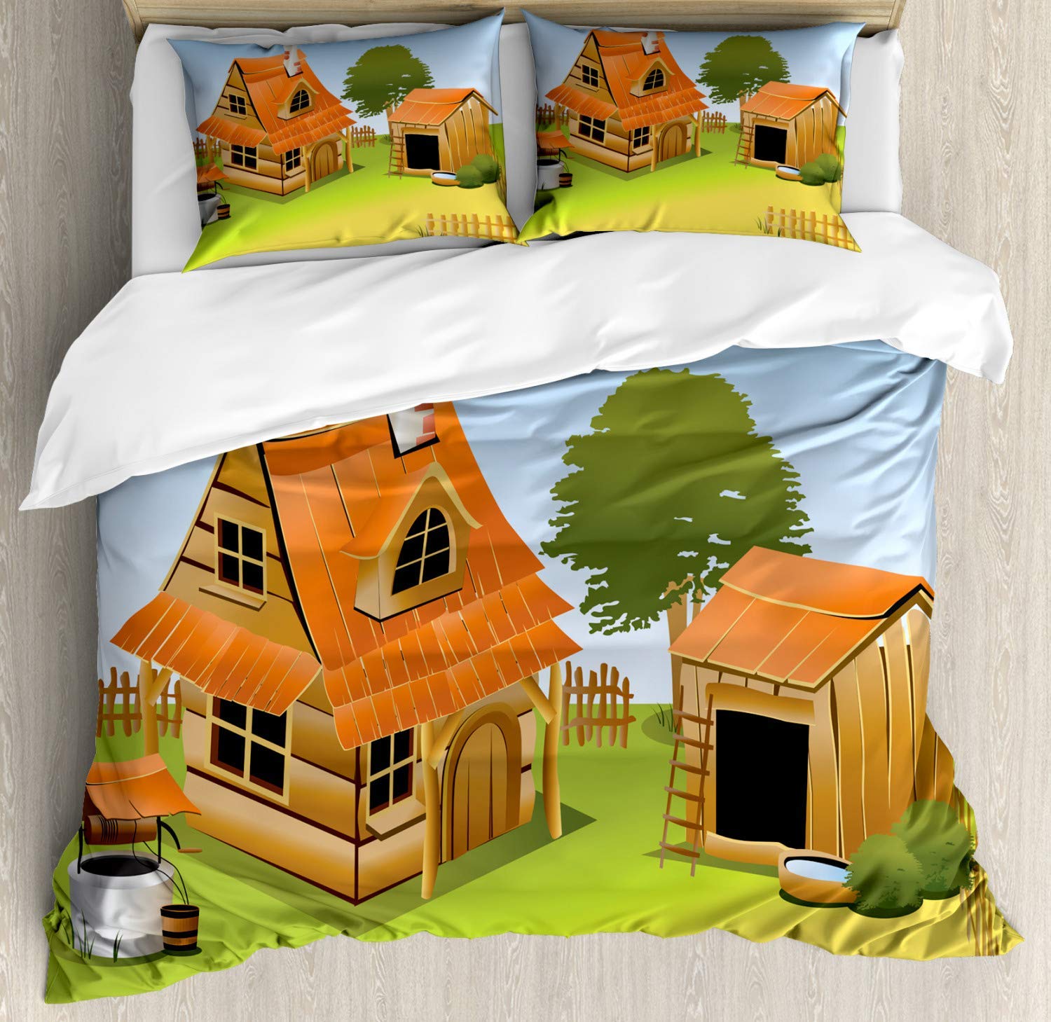 Farmhouse Bedding Sets 4-Piece Duvet Cover Set - 1 Quilt Cover, 1 Bed Sheet, 2 Pillowcases in Pale Azure Blue, Yellow Green, Burnt Orange & Pale Coffee - Full Size for Cozy Countryside Bedroom & Pet-Friendly Home Decor