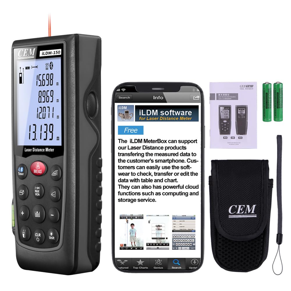 Premium CEM Laser Distance Measure with Bluetooth - 229ft Range, IP54 Waterproof Laser Measuring Tool for Pythagorean, Angle, Area & Volume Calculations | Min/Max Function, M/In/Ft Unit Switch | Includes Batteries, Tripod Thread & Backlight - Perfect for Construction, DIY Projects & Home Renovation