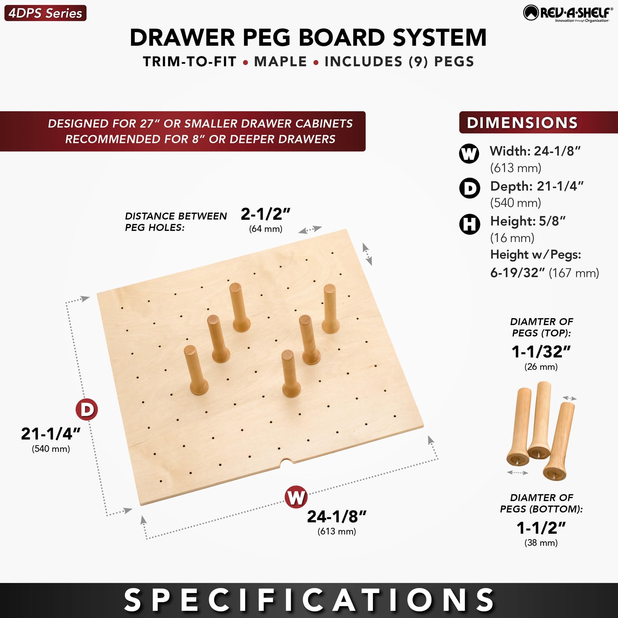 Rev-A-Shelf Adjustable Pegboard Drawer Organizer - Customizable Kitchen Cabinet Storage for Utensils, Pots & Dishes - 24