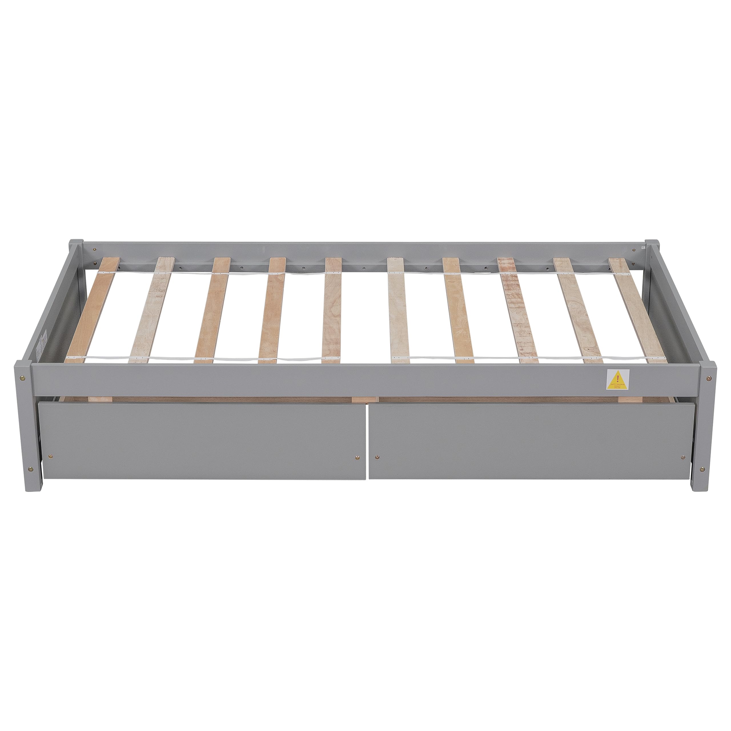 Polibi Solid Wood Twin Size Platform Bed with 2 Storage Drawers - No Box Spring Needed - Grey Wooden Bed Frame - Perfect for Small Bedrooms, Guest Rooms & Kids Rooms