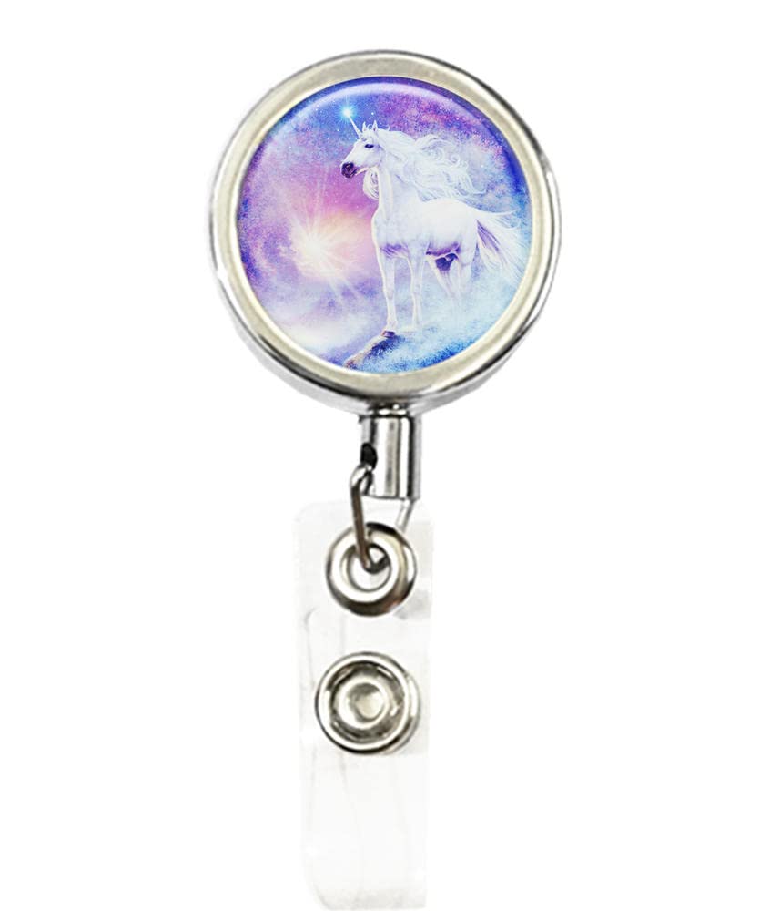 RhyNSky Elegant Unicorn Business ID Card Holder - Retractable Badge Reel with Belt Clip - Silver (C1043) - Perfect for Office, Conferences & Events