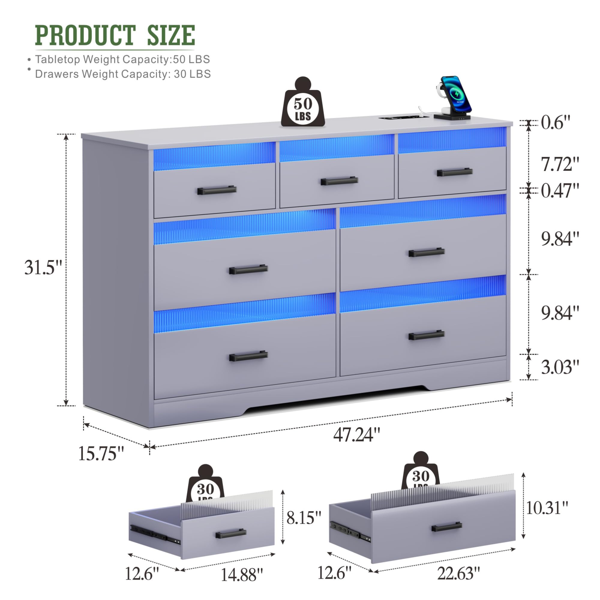 Modern Grey Wood Dresser with LED Lights & USB Charging Station - 7-Drawer Large Chest for Bedroom, Closet, Living Room or Hallway - Perfect for Organizing Clothes, Accessories & Home Decor