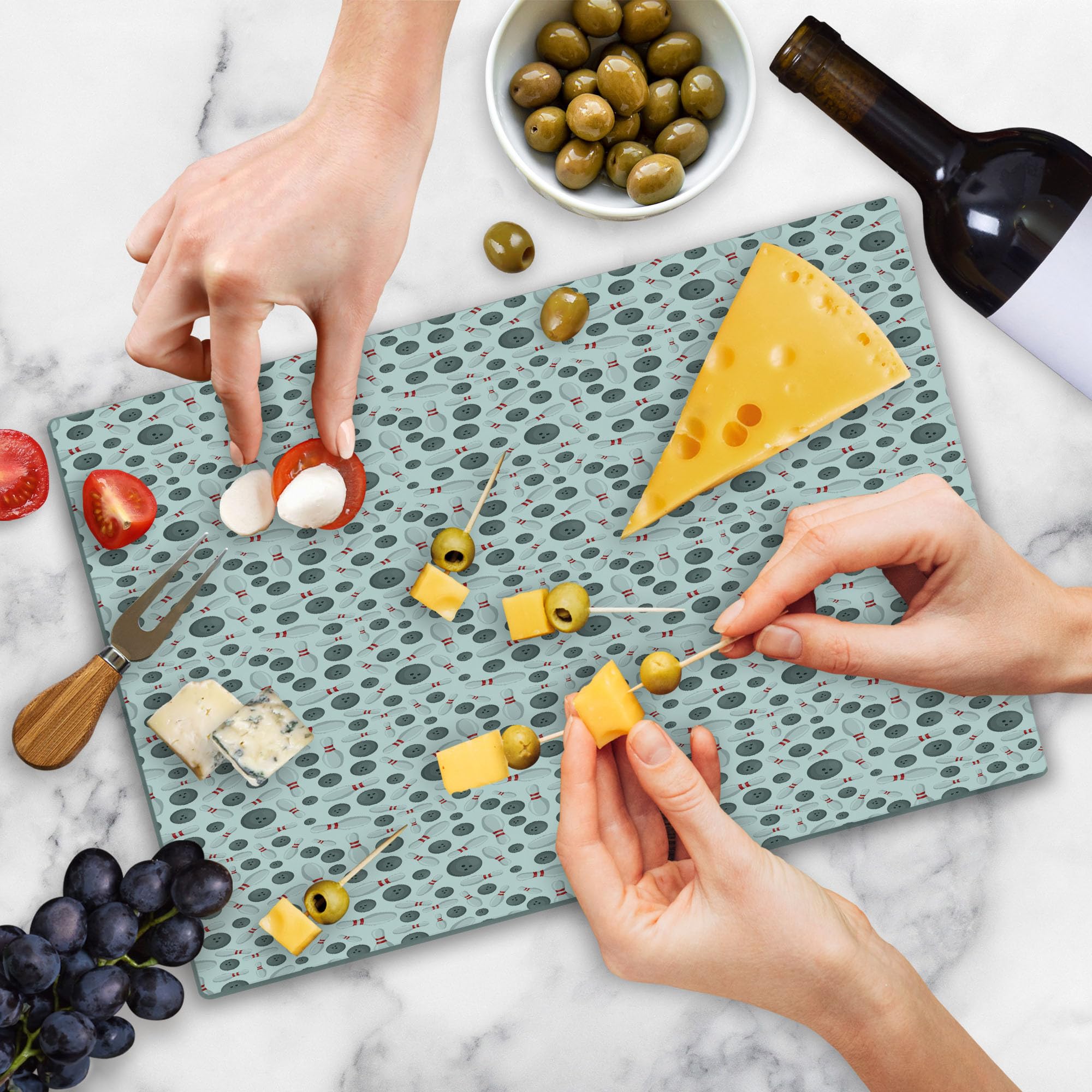 Ambesonne Bowling Themed Tempered Glass Cutting Board - Large Decorative Serving Tray with Realistic Bowling Pin Graphics - Perfect for Game Night, Kitchen Use & Party Serving (Grey White Red)