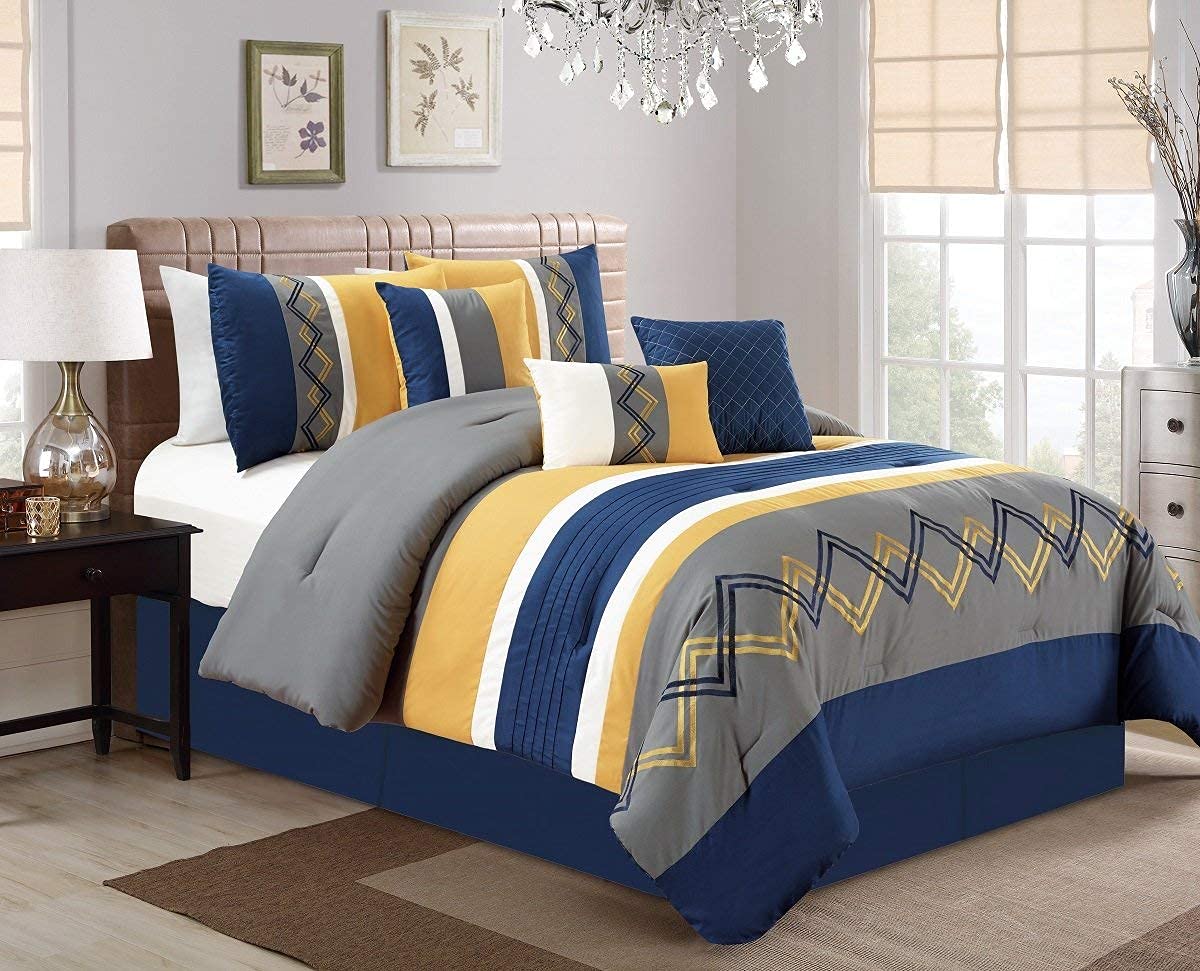 Chezmoi Collection Arden 7-Piece Modern Pleated Stripe Embroidered Zigzag Bedding Comforter Set - California King Size, Navy Gray Yellow White - Luxury Bedroom Decor for Guest Rooms & Master Suites
