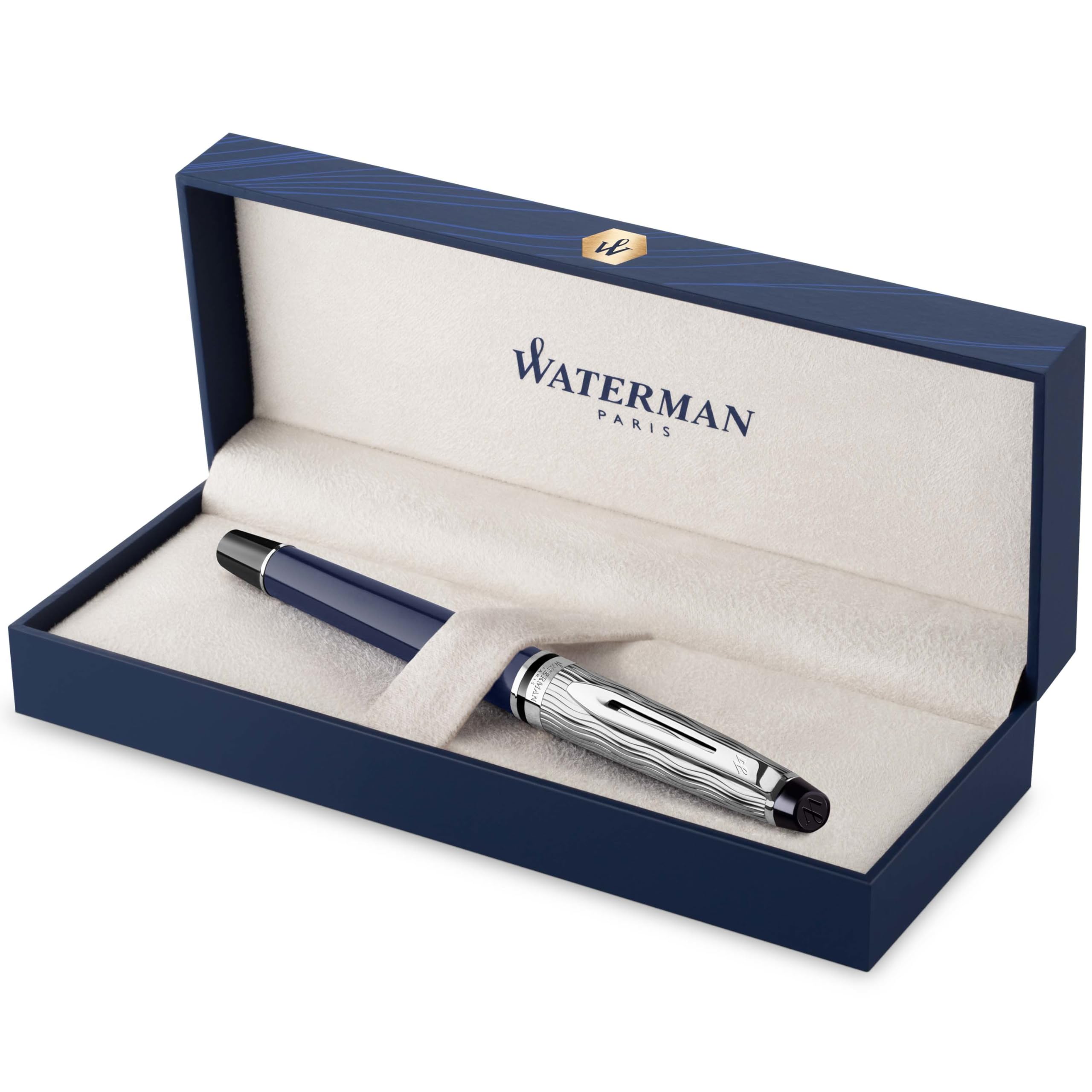 Waterman Expert Rollerball Pen - Premium Metal Blue Lacquer Fountain Pen with Chiselled Cap & Black Ink Refill - Elegant Gift Box - Perfect for Business Signatures, Journaling & Luxury Gifts