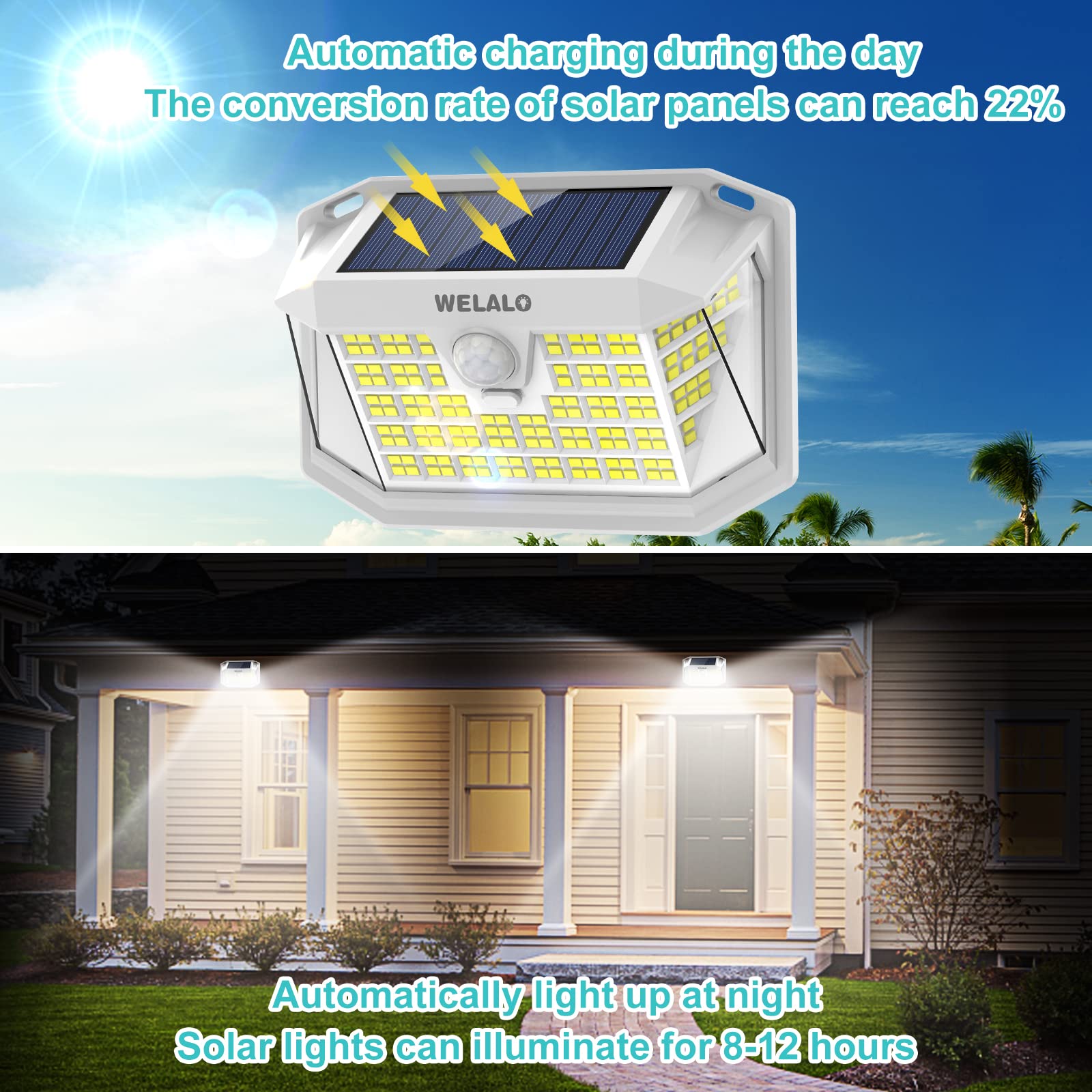 Solar Motion Sensor Lights Outdoor, 4 Pack with 188 LEDs - 270° Wide Angle Lighting, IP65 Waterproof Solar Powered Security Lights for Fence, Porch, Yard, Patio (White) - Perfect for Nighttime Safety and Energy-Efficient Outdoor Illumination