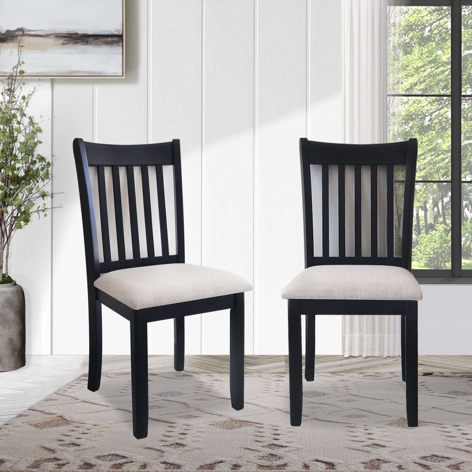 Black Finish Wooden Dining Chairs Set of 2 with Cushioned Seats - Modern Kitchen & Breakfast Room Furniture for Home Decor