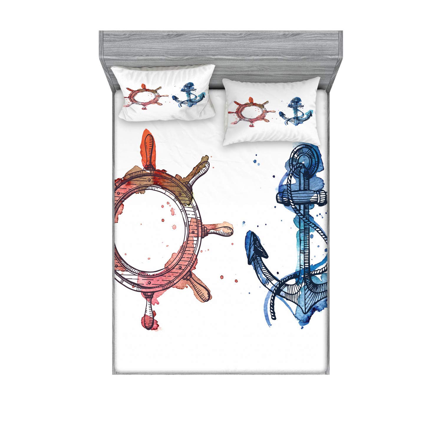 Ambesonne Nautical King Size 3-Piece Bedding Set - Anchor & Steering Wheel Watercolor Design with Ink Brush Effects, Pink & Blue Fitted Sheet & Pillow Shams | Perfect for Coastal Themed Bedrooms, Beach House Decor, and Nautical Inspired Home Styling