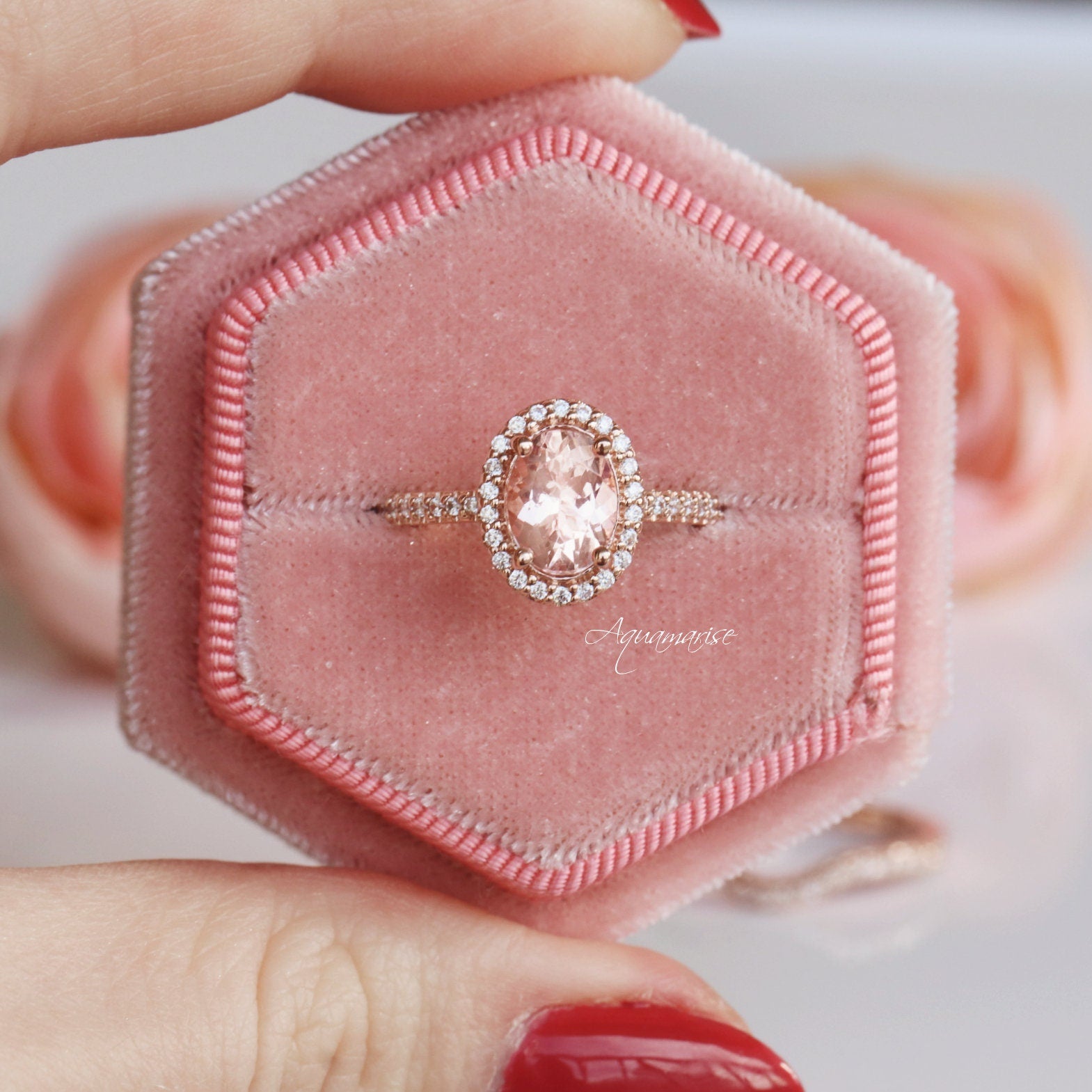 Exquisite 14K Solid Rose Gold Iris Oval Halo Morganite Engagement Ring for Women | Elegant Wedding, Proposal & Anniversary Jewelry Gift