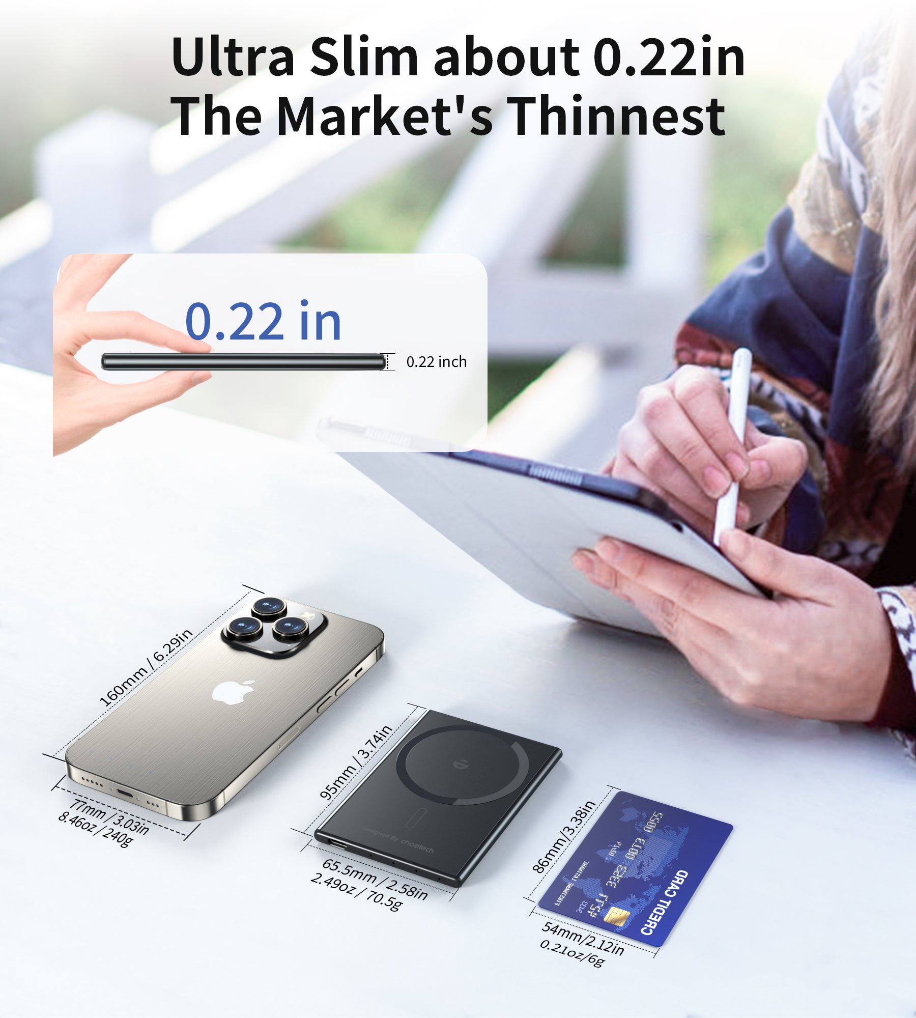 Choetech B708 Ultra-Thin 2000mAh Portable Charger - Slim 5.5mm Power Bank for Travel, Work & Everyday Use