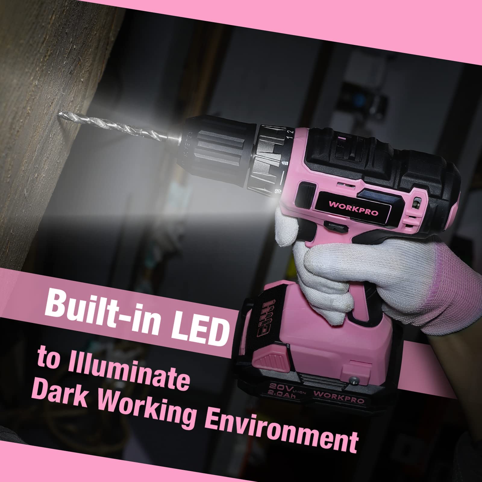 WORKPRO 20V Pink Cordless Drill Driver Set with 236-Piece Pink Tool Kit & Carrying Pouch - Perfect for DIY Home Projects, Woodworking, and Light Construction Tasks