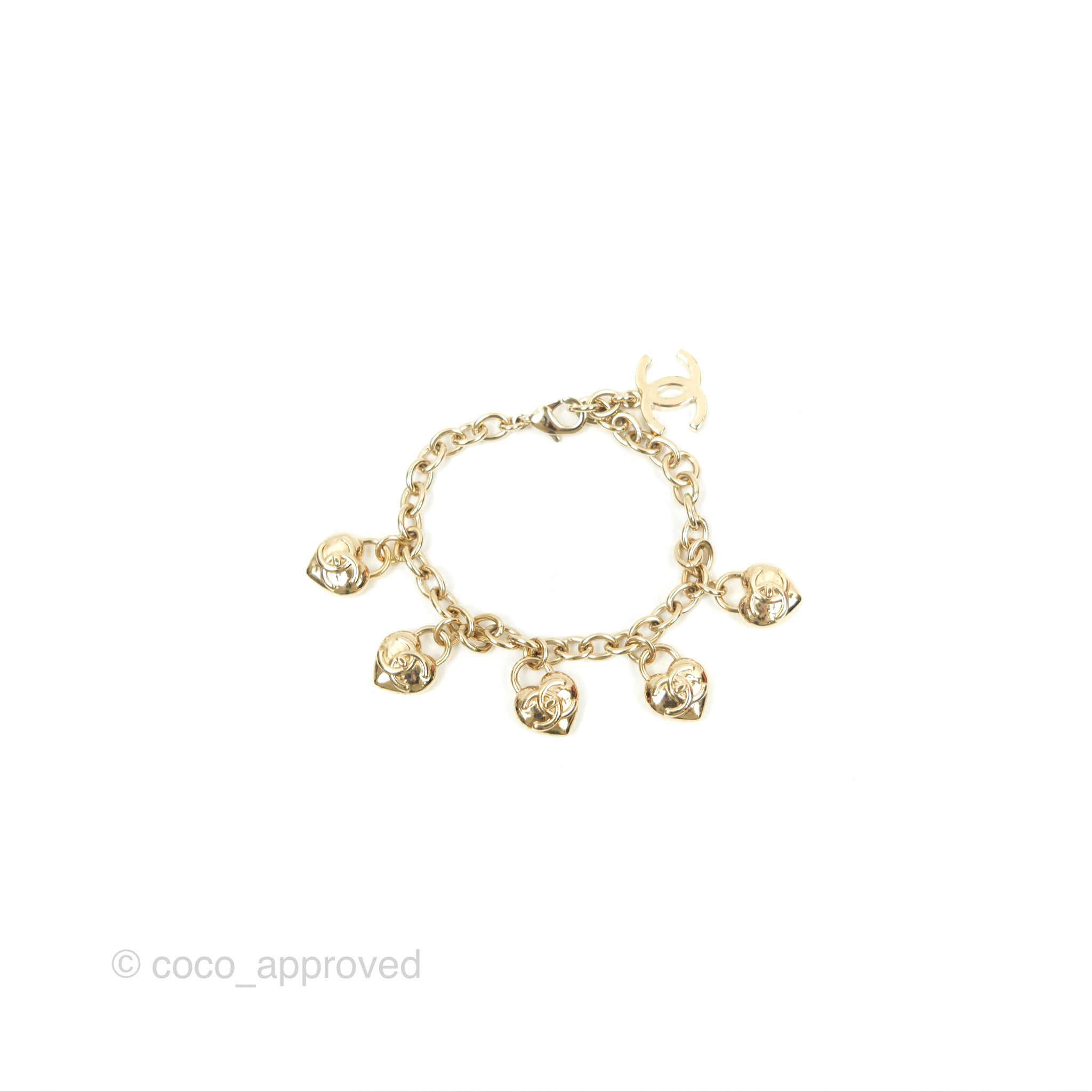 Chanel CC Heart Padlock Charms Chain Bracelet in Gold Tone - Elegant 22B Collection for Women | Perfect for Date Night, Parties & Special Occasions