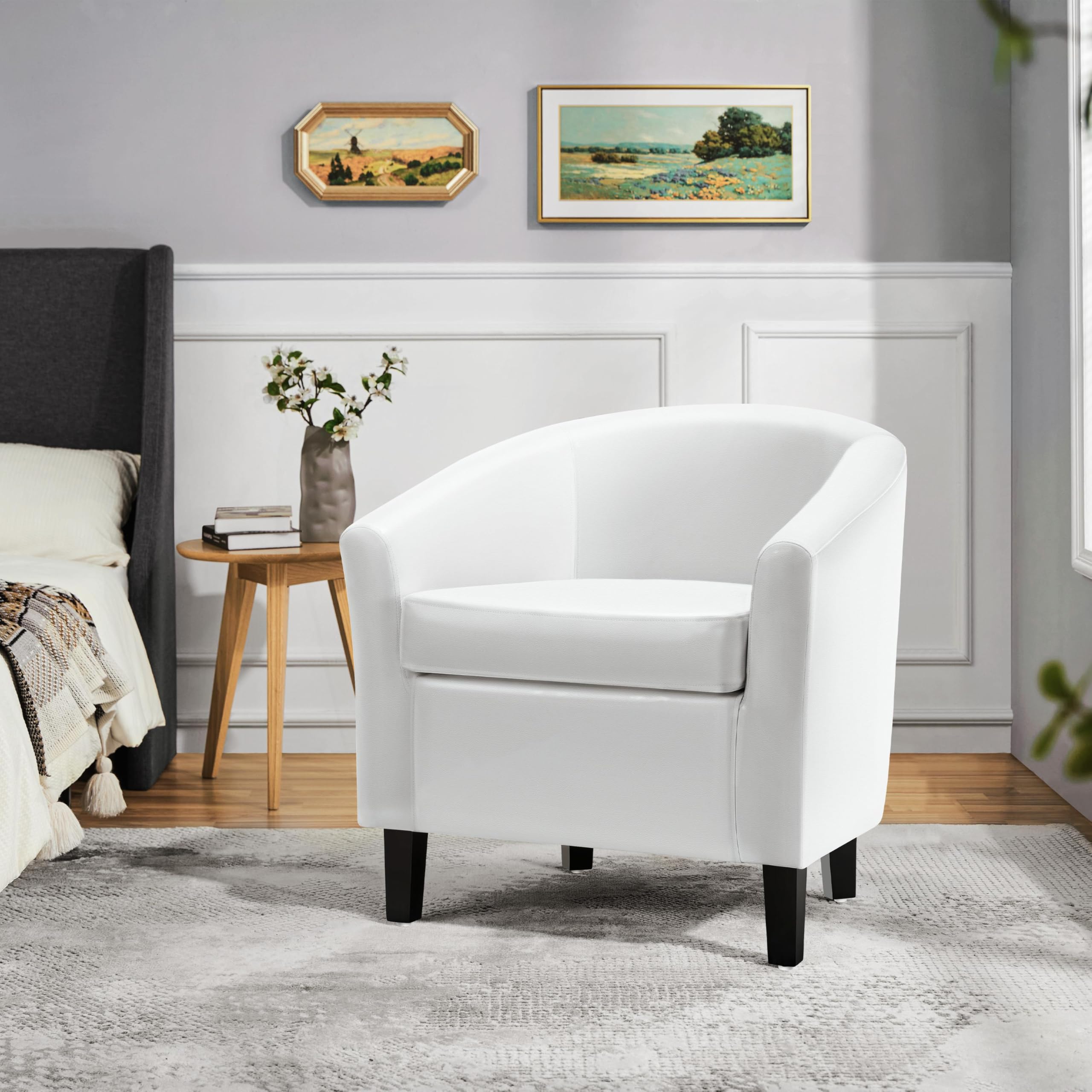 Yaheetech White Faux Leather Accent Chair - Modern Barrel Club Chair with Soft Padded Seat & Sturdy Legs for Living Room, Bedroom, Office - Perfect for Reading Nook, Home Theater Seating & Guest Reception Areas