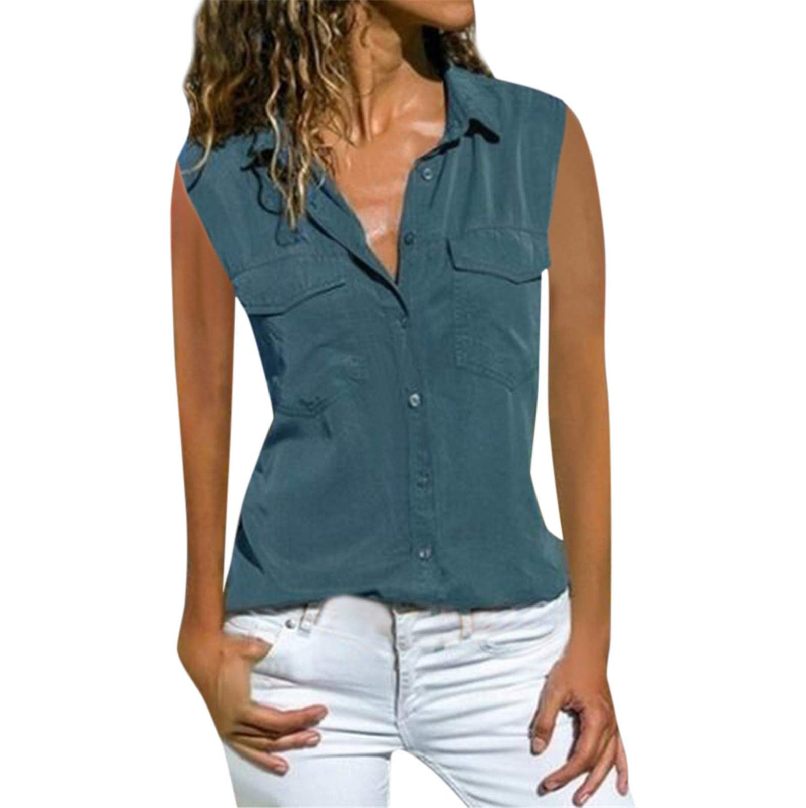 Women's Summer Sleeveless T-Shirts with Pockets - Casual Solid Color V-Neck Button Down Tops for Outdoor Activities, Beach Wear & Daily Comfort