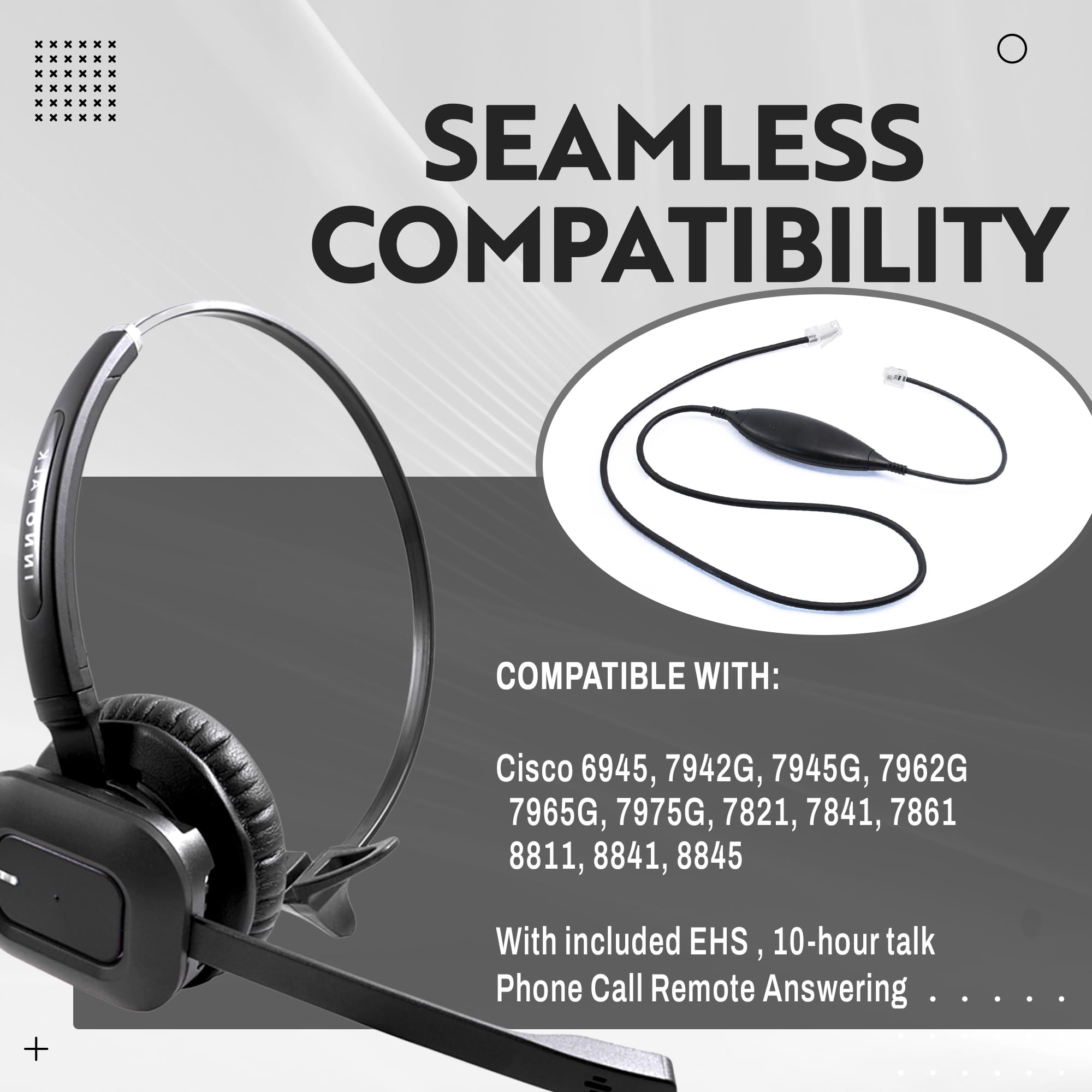 INNOTALK Wireless Headset for Cisco 6945 7942G 7945G 7962G 7965G 7975G 7821 7841 7861 8811 8841 8845 Phones - Noise Cancelling Bluetooth Headset for Office & Call Center Professionals