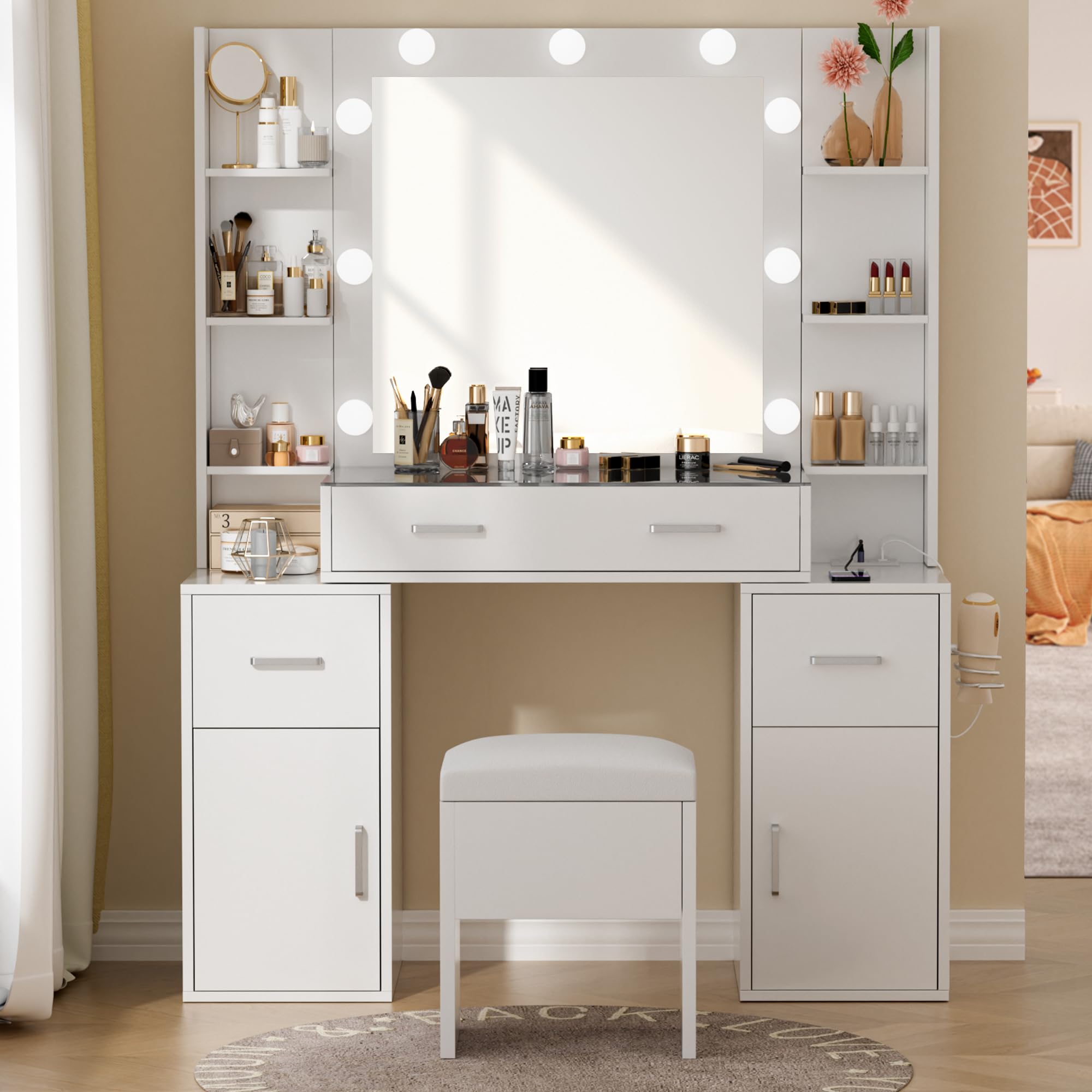 LED Makeup Vanity Desk with Glass Top & Charging Station - 9 Adjustable Lights, 3 Lighting Modes, Storage Bench - Perfect for Bedroom Dressing Table, Beauty Salon & Home Decor (White)