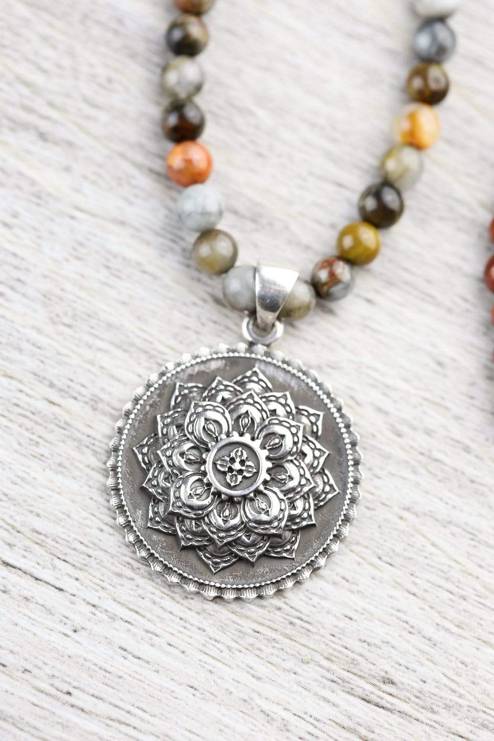 Hawkeye and Wood Mandala Mala Beads - Handcrafted Meditation & Prayer Necklace for Yoga, Mindfulness & Spiritual Healing
