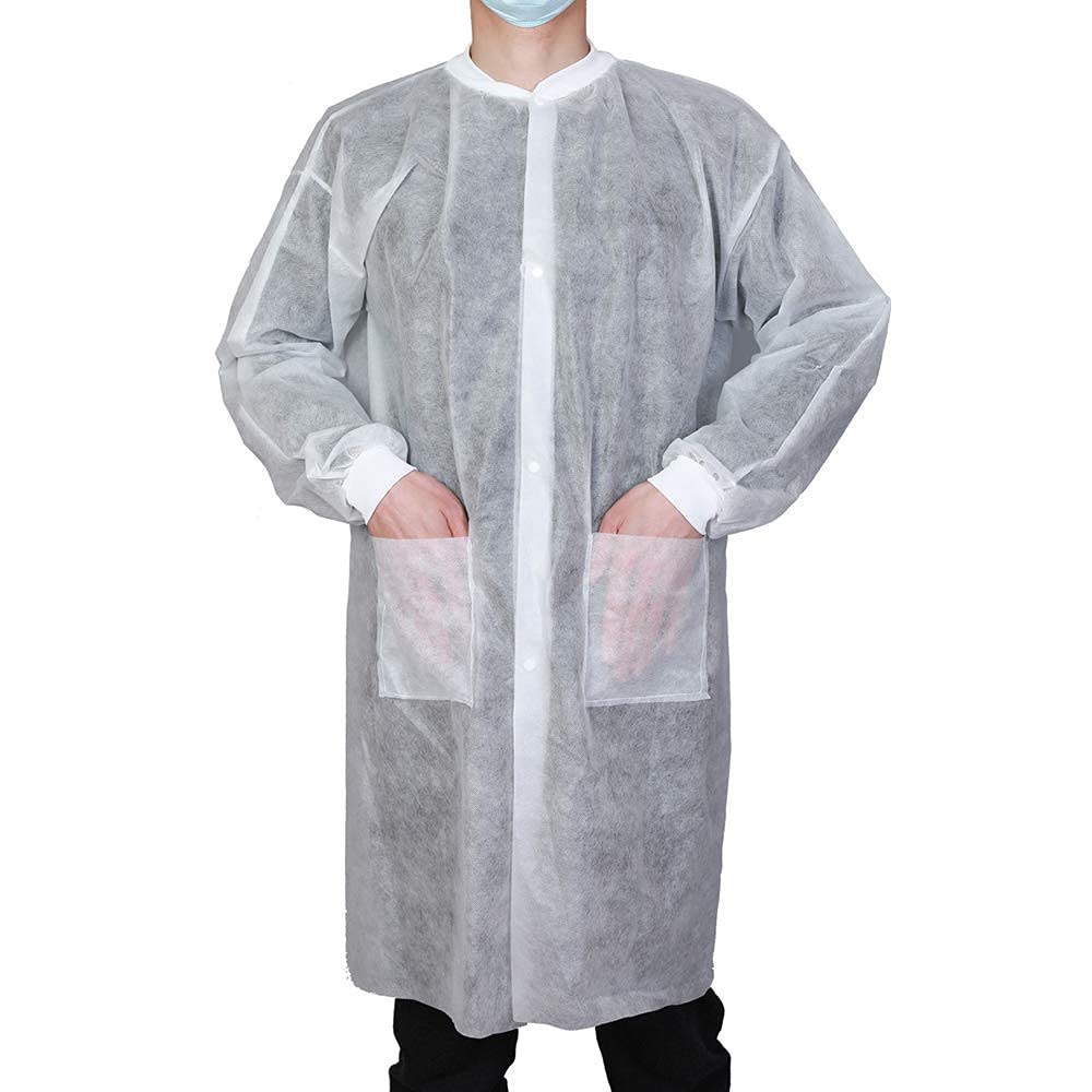 Disposable Lab Coats for Adults with Pockets - Case of 50, White with Knitted Collar & Cuffs (Sizes Small to XX-Large) - Perfect for Medical Labs, Hospitals, Research Facilities & Science Experiments