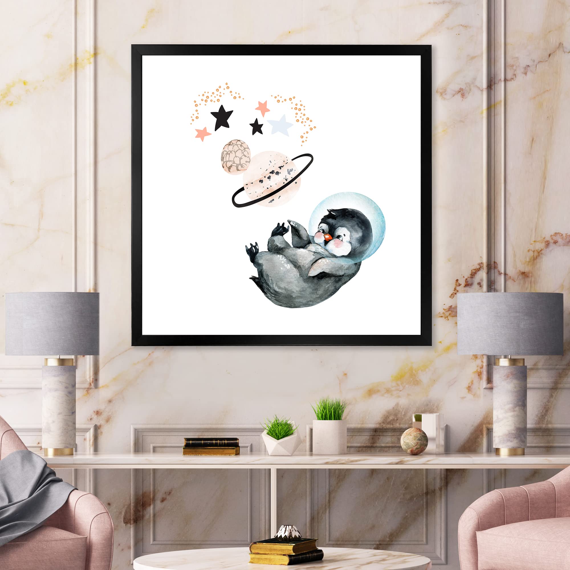 DesignQ Little Penguin with Stars and Planets - Farmhouse Framed Wall Art Decor for Living Room, Nursery & Bedroom - Cute Animal Painting for Home & Office