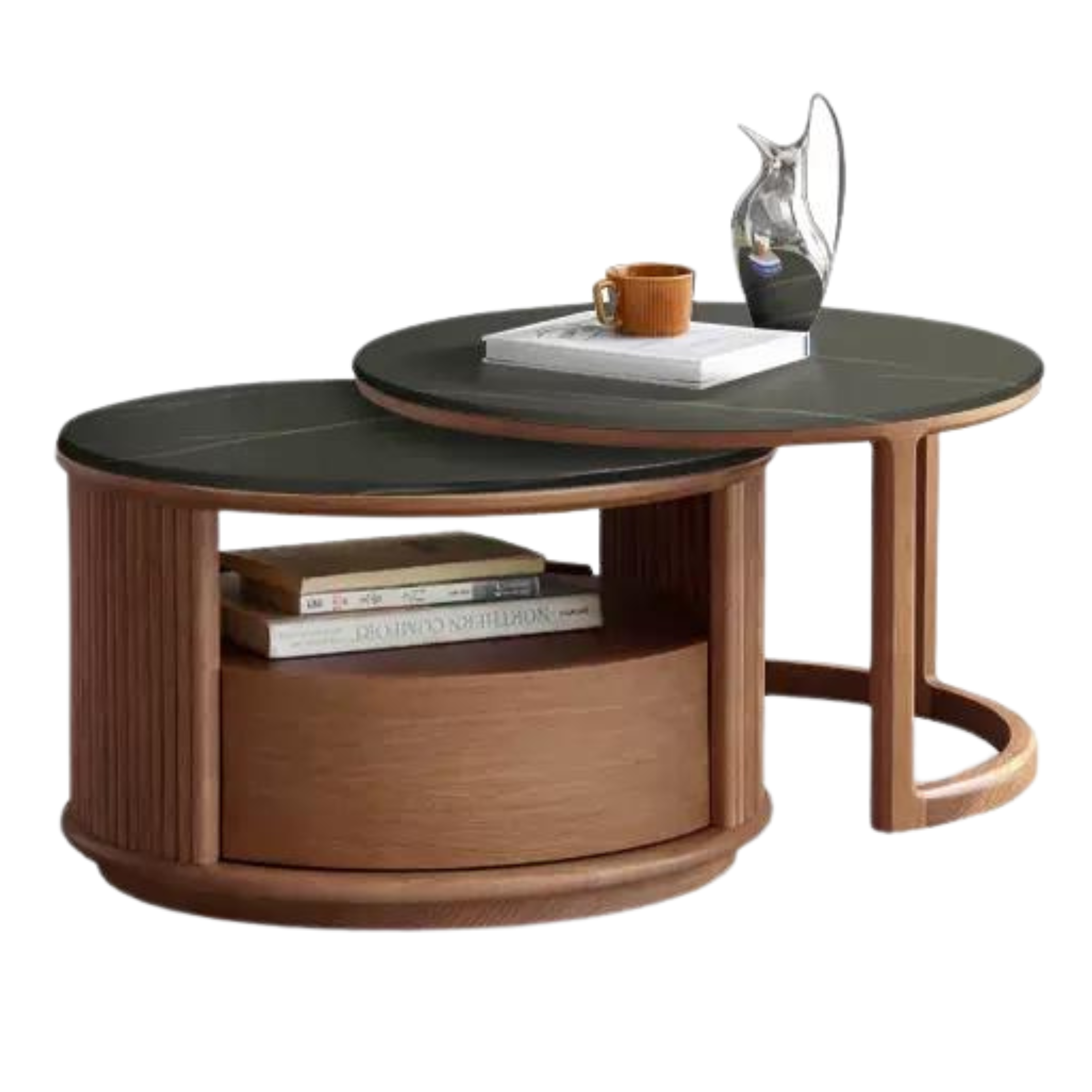 28.3x28.3x16.5 inch / 72х72х42cm + 23.6x23.6x15 inch / 60x60x38сm / Oak  Walnut color / round table + single coffee table