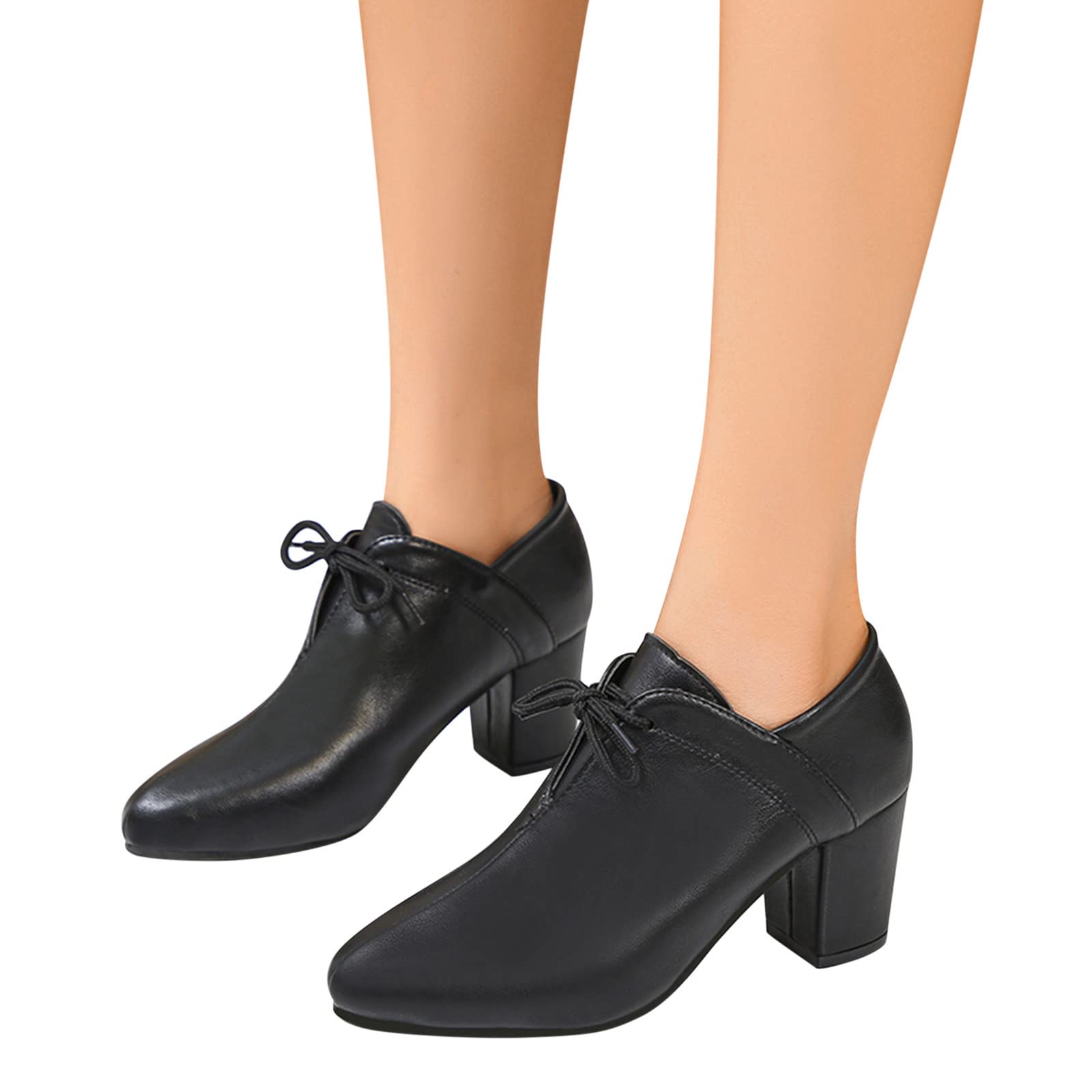 Women's Autumn Winter Heeled Booties - PU Leather Block High Heels Lace Up Pointed Toe Oxford Shoes for Work, Party & Casual Outfits