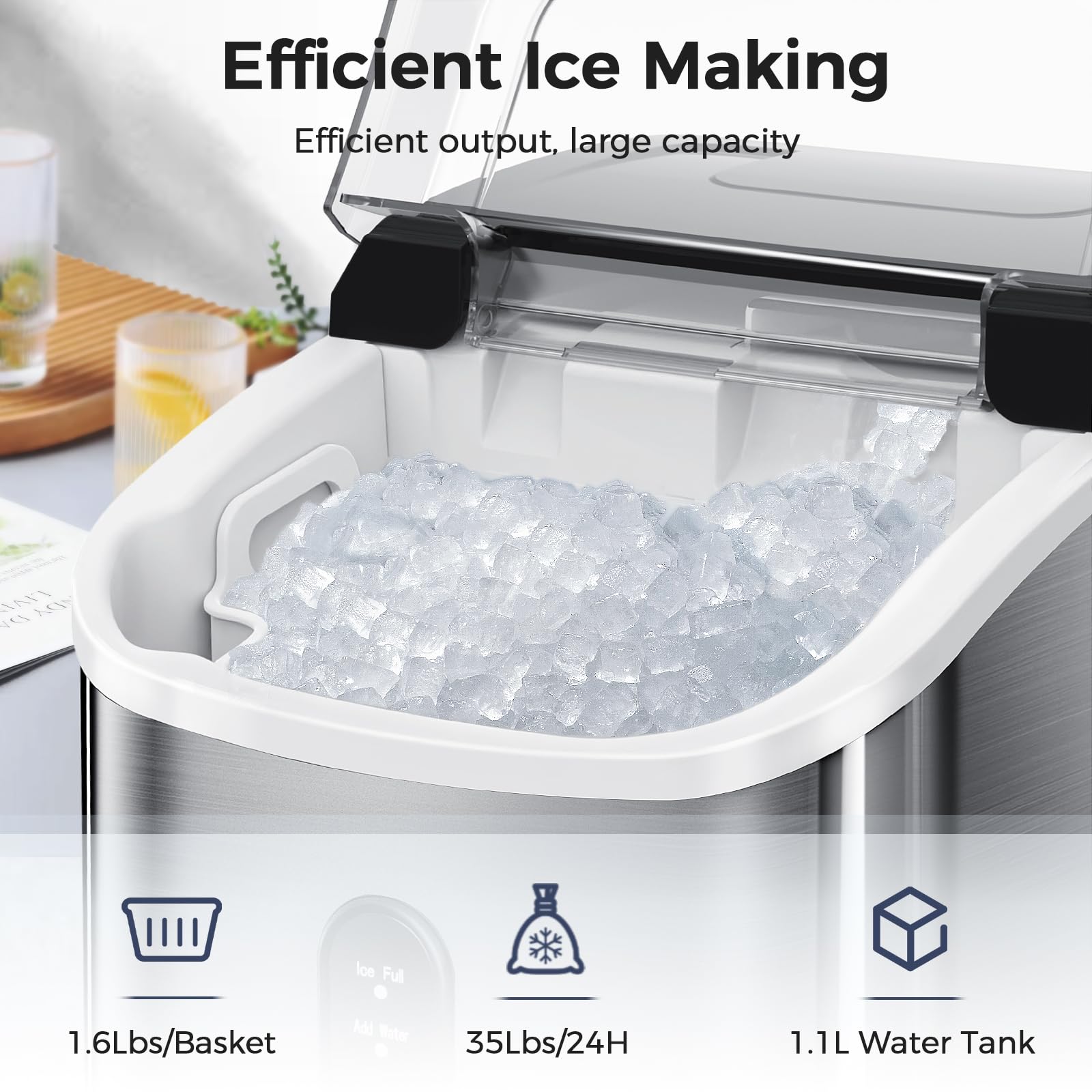 AGLUCKY Countertop Nugget Ice Maker - 35Lbs/24H Portable Pebble Ice Machine with Soft Chewable Ice, One-Click Operation & Self-Cleaning Function, Stainless Steel Silver - Perfect for Home, Kitchen, Office, Parties and Outdoor Activities