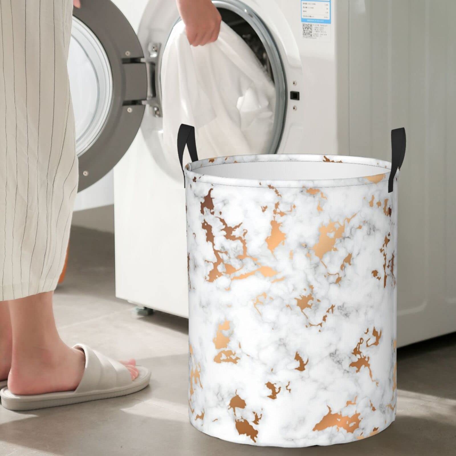 Collapsible Laundry Hamper with Handles - Foldable Clothes Basket for Bedroom, Bathroom & Dorm - Portable Storage Organizer for Dirty Laundry, Toys & Essentials - White Round Design for Easy Carry & Space Saving