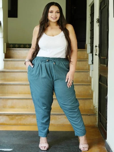 Plus Size Women's Teal Cotton Trousers - Comfortable Stretch Pants for Work, Office & Casual Wear