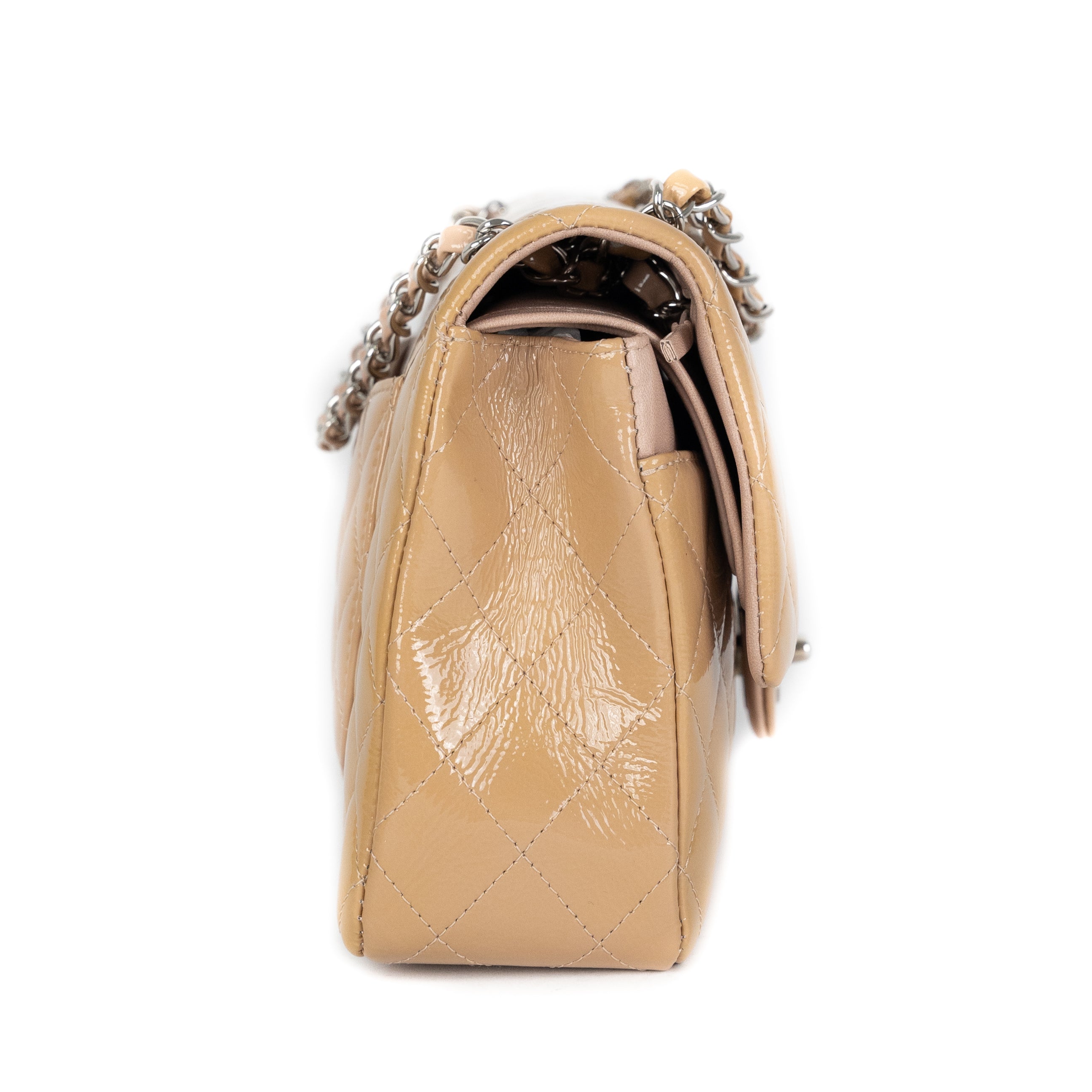 Chanel Patent Leather Medium Classic Flap Bag in Beige | Luxury Designer Handbag for Women | Perfect for Work, Evening Events & Special Occasions