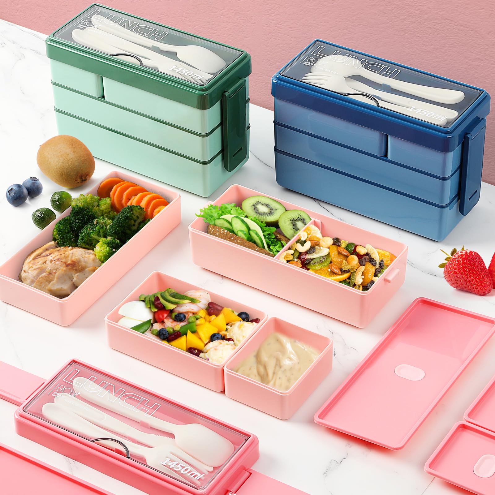 3-Tier Bento Box Lunch Container - 1450ml Leak-Proof Japanese Style Meal Prep Box with 4 Compartments & Cutlery Set - Stackable Microwave & Dishwasher Safe for Adults & Kids - Perfect for Office, School & Picnic (Pink)