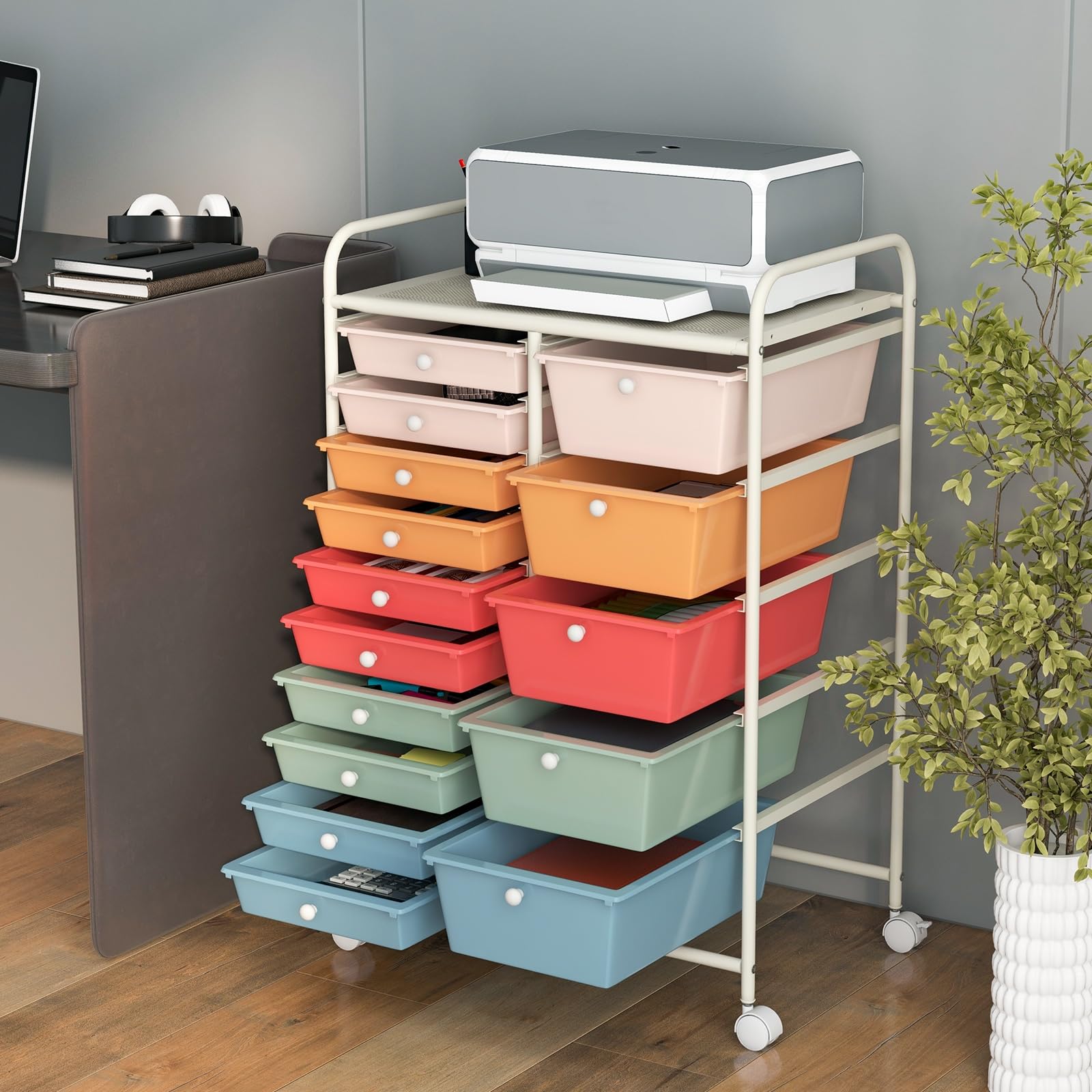 Byroce 15-Drawer Rolling Storage Cart - Mobile Organizer for Art Supplies, School Tools & Office Paper - Multipurpose Rolling Utility Cart for Classroom, Craft Room & Home Office (Macaroon) - Perfect for Teachers, Artists & Remote Workers