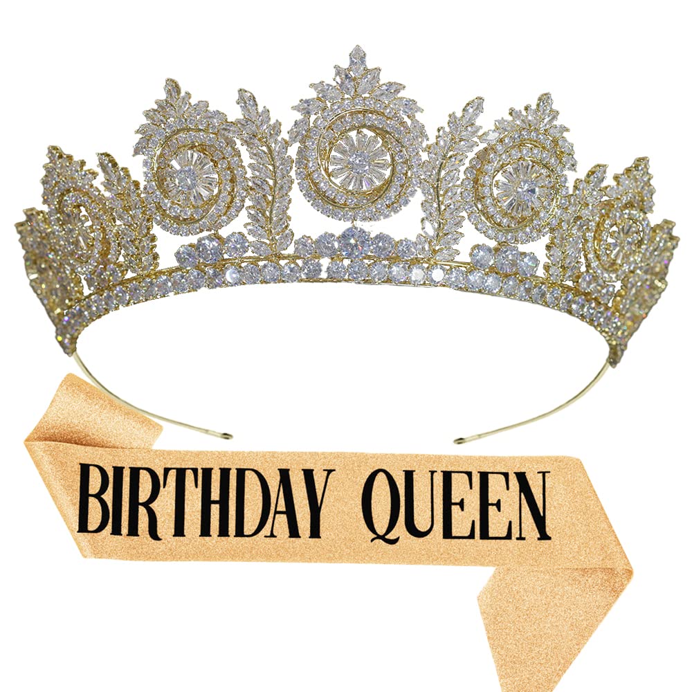 Jorsnovs Birthday Queen Sash & Tiara Set - Gold Zircon Crown for Women, Cubic Zirconia Hair Accessories - Perfect for Birthday Parties, Bachelorette, Pageants & Special Events