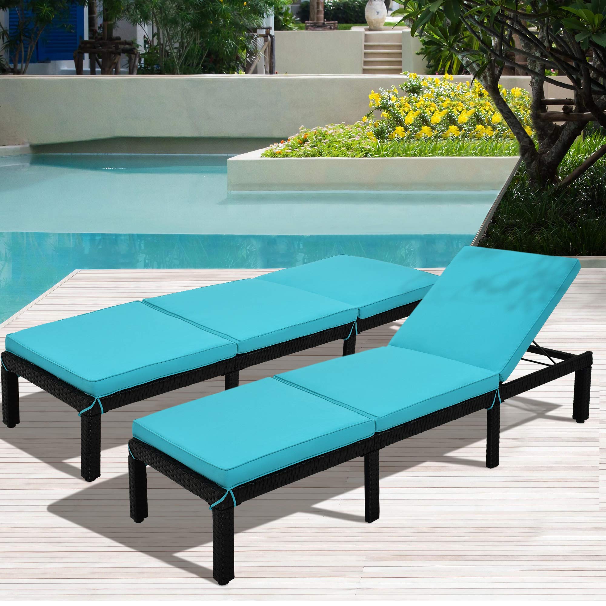 LZ LEISURE ZONE Outdoor Chaise Lounge Chair - Adjustable PE Rattan Wicker Sunbed for Poolside, Porch, Garden & Patio - Blue & Black Patio Furniture (1-Piece) - Perfect for Relaxing, Sunbathing & Outdoor Lounging