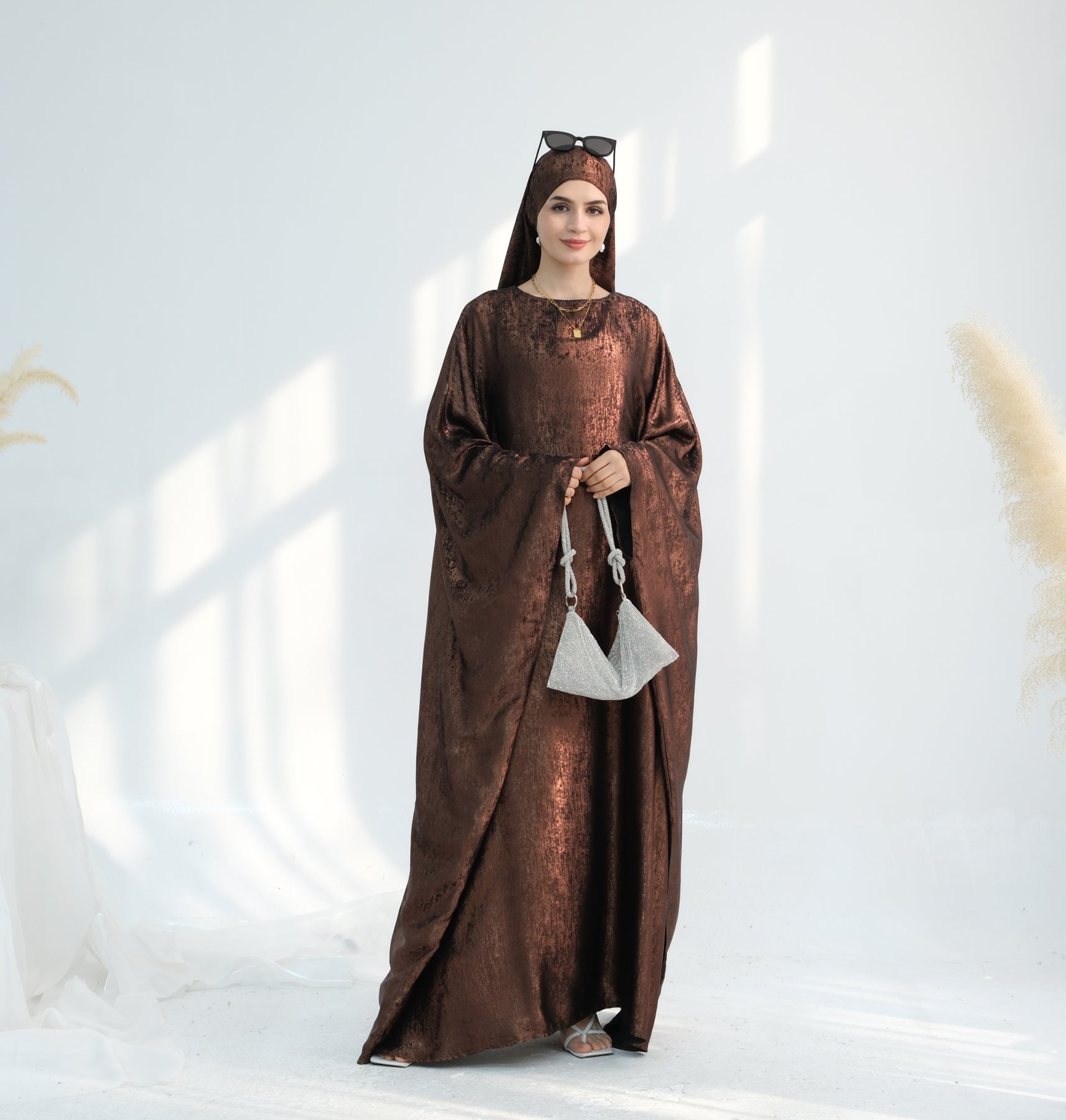 Linora Shimmer Butterfly Abaya - Elegant Brown Islamic Dress for Women | Perfect for Prayer, Eid, and Special Occasions