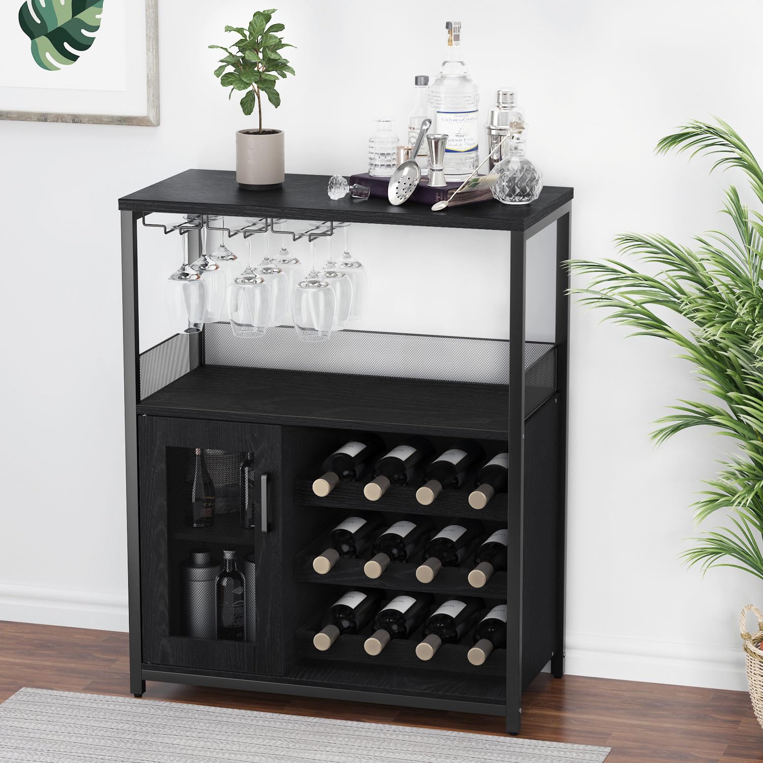 GAOMON Wine Bar Cabinet with Storage - Farmhouse Coffee Bar Cabinet with Detachable Rack, Drawer & Glass Holder - Rustic Buffet Sideboard with Mesh Door (Black) - Perfect for Dining Room, Kitchen or Home Bar Organization