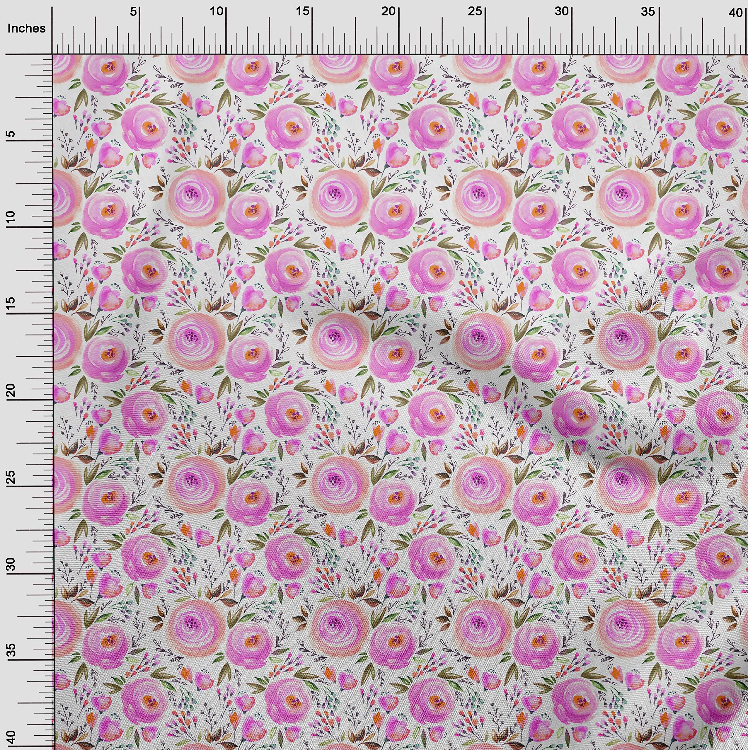 oneOone Viscose Chiffon Pink Floral Fabric with Leaves & Flowers - 42 Inch Wide Dress Material by The Yard | Perfect for Summer Dresses, Blouses & DIY Sewing Projects