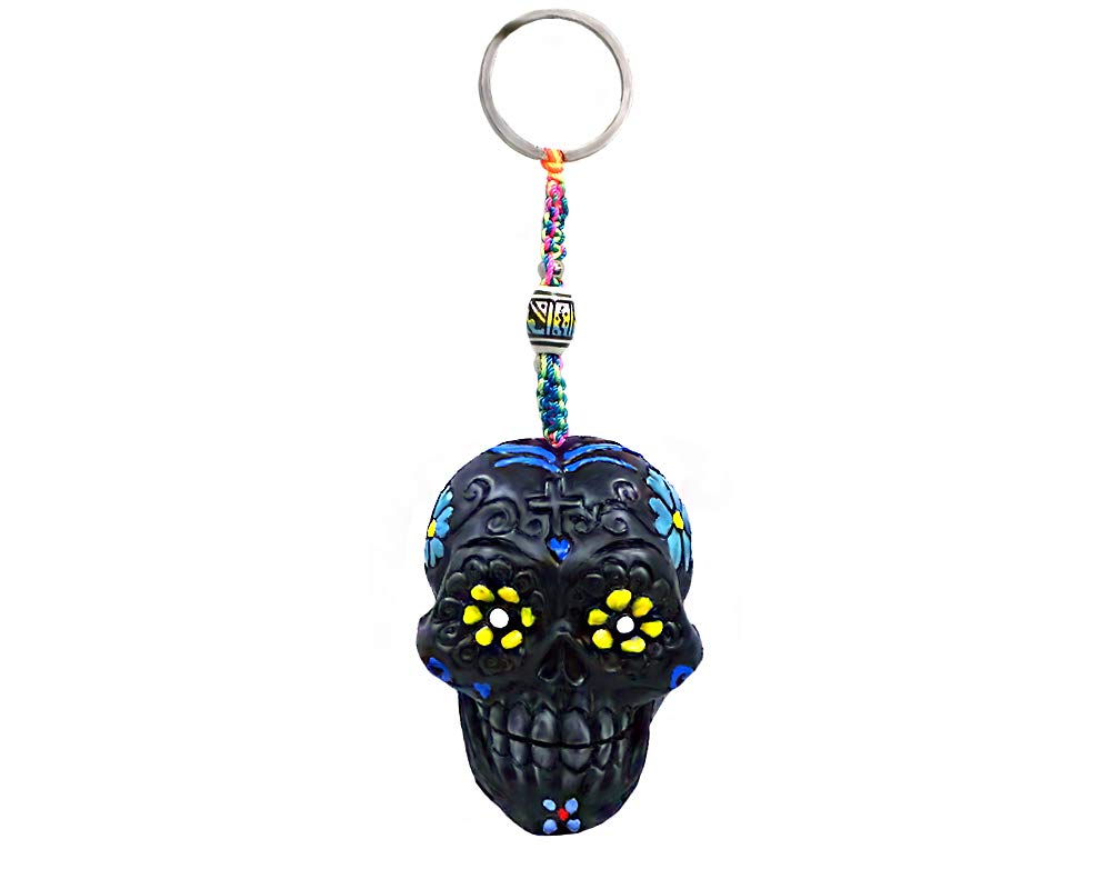 Handmade Day of the Dead Sugar Skull 3D Figurine Keychain - Colorful Macramé Metal Ring Boho Car Accessory | Unique Gift for Dia de Muertos, Halloween, or Festival Decor