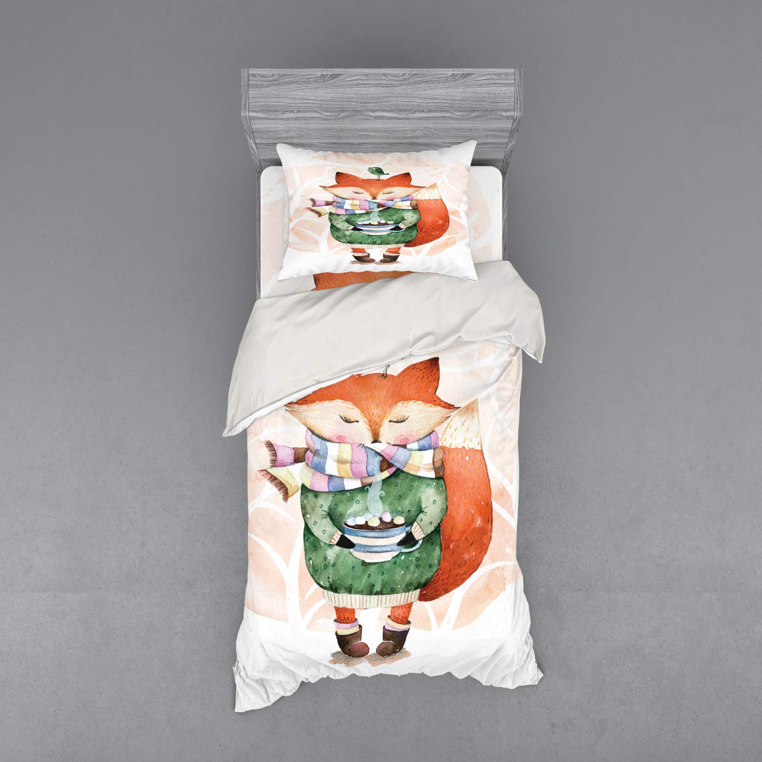 Ambesonne 3-Piece Animal Duvet Cover Set - Little Fox & Bird Tea Time Friends Theme, Twin XL Size, Orange & Green | Soft Bedding for Kids Room, Guest Bedroom & Dorm Decor