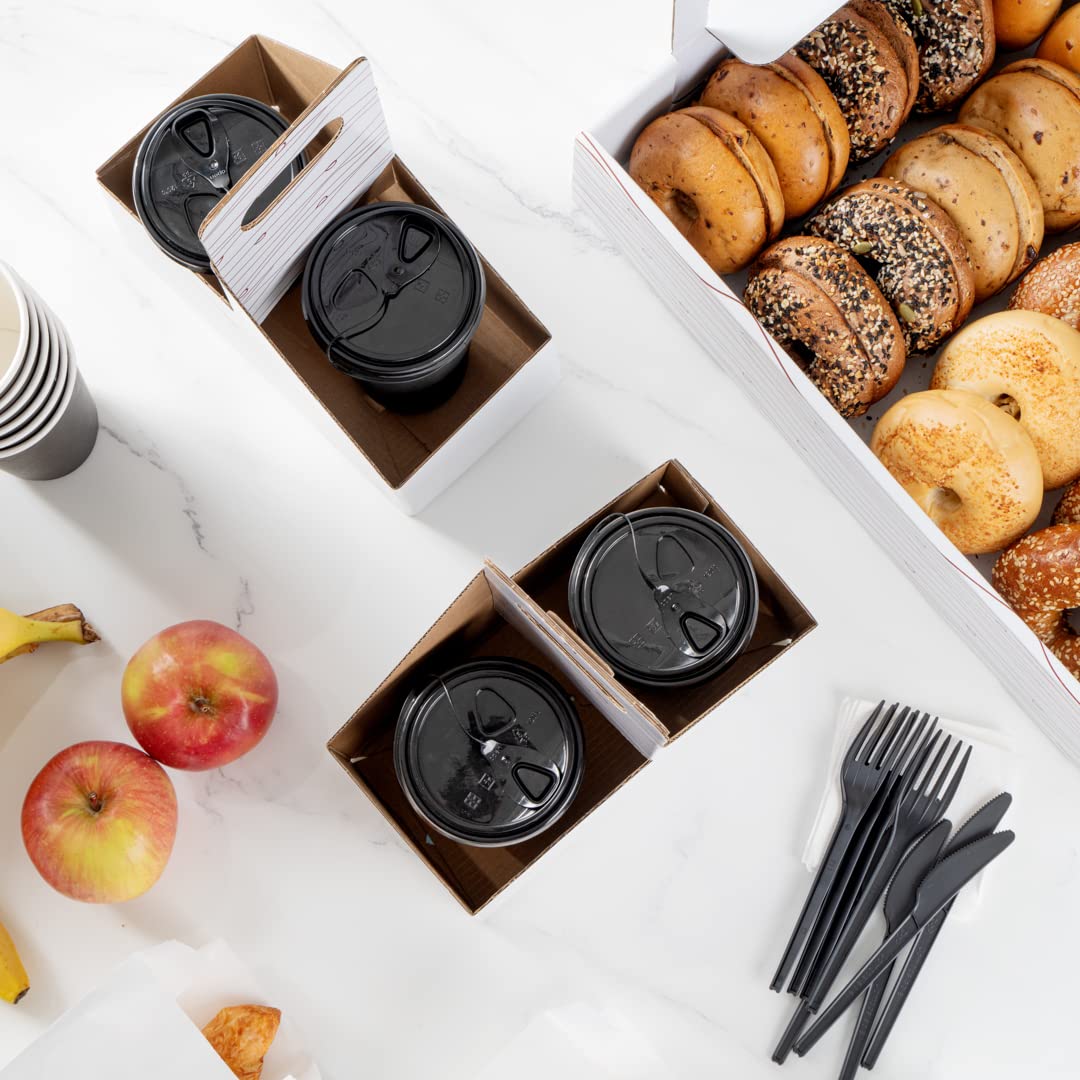 Restaurantware Cater Tek 100-Pack Disposable Cup Carriers with Handles - Holds 2 Cups for Delivery or Takeout, White & Brown Paper Drink Holders, Built-In Handle Fits Coffee, Soda & Bubble Tea - Perfect for Restaurants, Cafes & Food Trucks