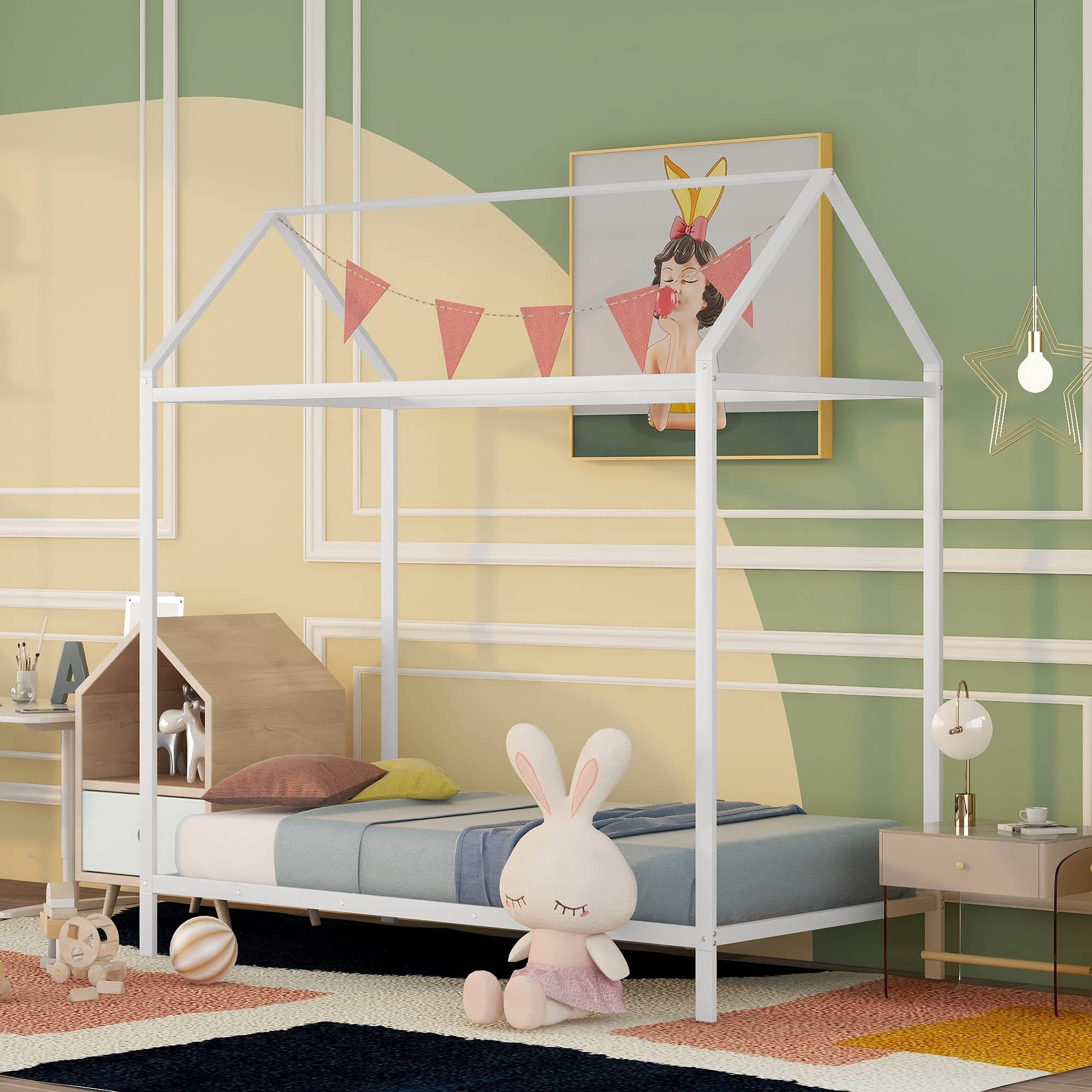 Montessori Twin House Bed Frame - White Metal Floor Bed for Toddlers, Kids, Boys & Girls | Safe & Sturdy Toddler Bed for Bedroom, Playroom & Montessori Learning Spaces