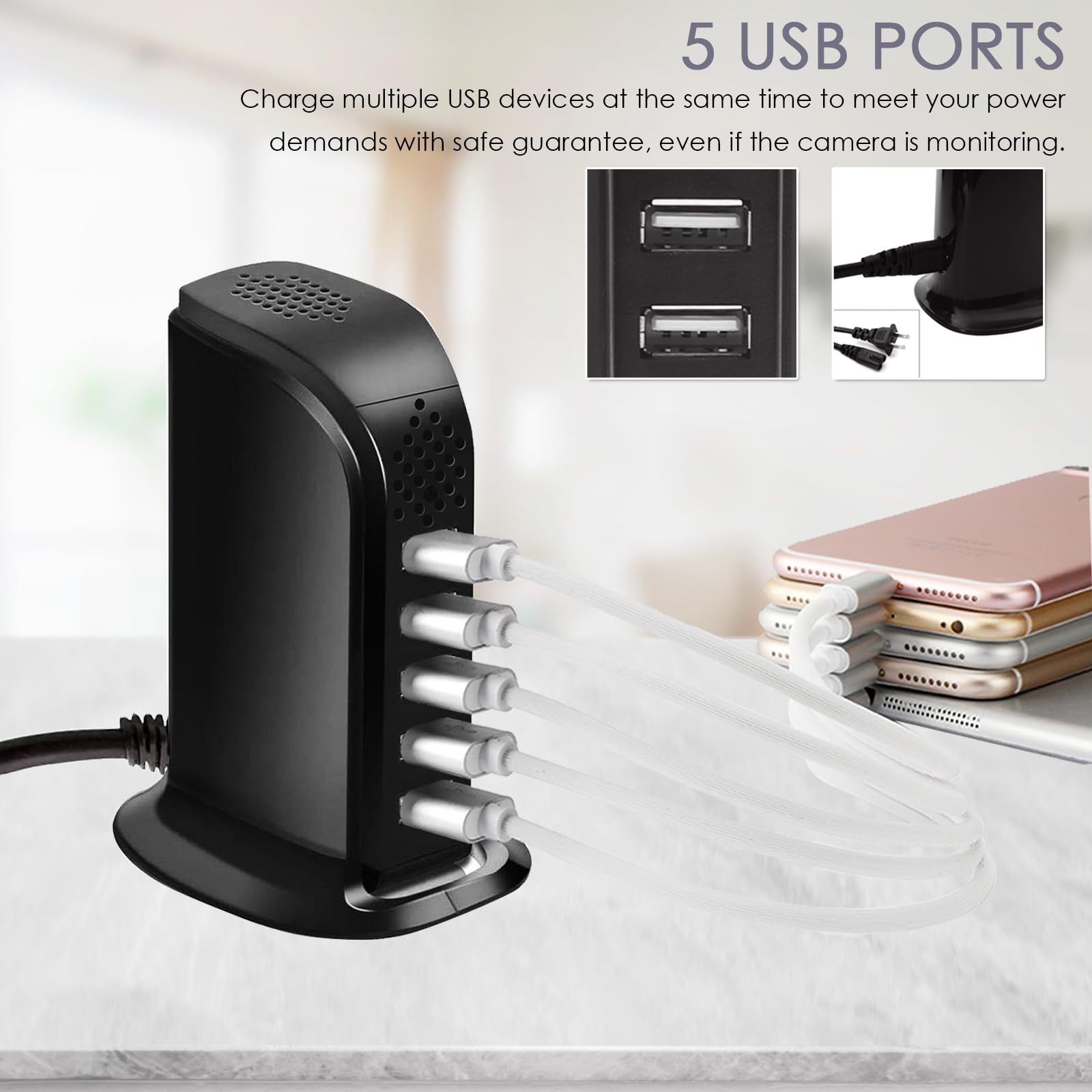 4U Spy Hidden Camera - 5-Port USB Charger Hub with 1080P WiFi Security Camera, Motion Detection, iOS/Android Support | Covert Nanny Cam for Home, Office & Travel Surveillance