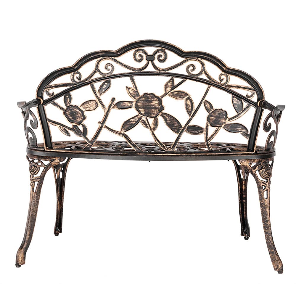 Antique Rose Style Outdoor Metal Park Bench - Cast Iron Bronze Patio Love Seat for Garden, Porch, Lawn, Balcony & Backyard | Durable Aluminium Yard Bench for Romantic Outdoor Relaxation & Decoration