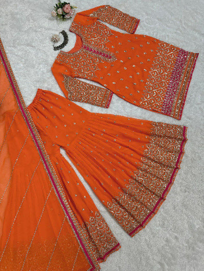 Marigold Orange Georgette Sequins Work Sharara Suit for Women | UK Next Day Delivery | Perfect for Weddings, Parties & Festive Occasions