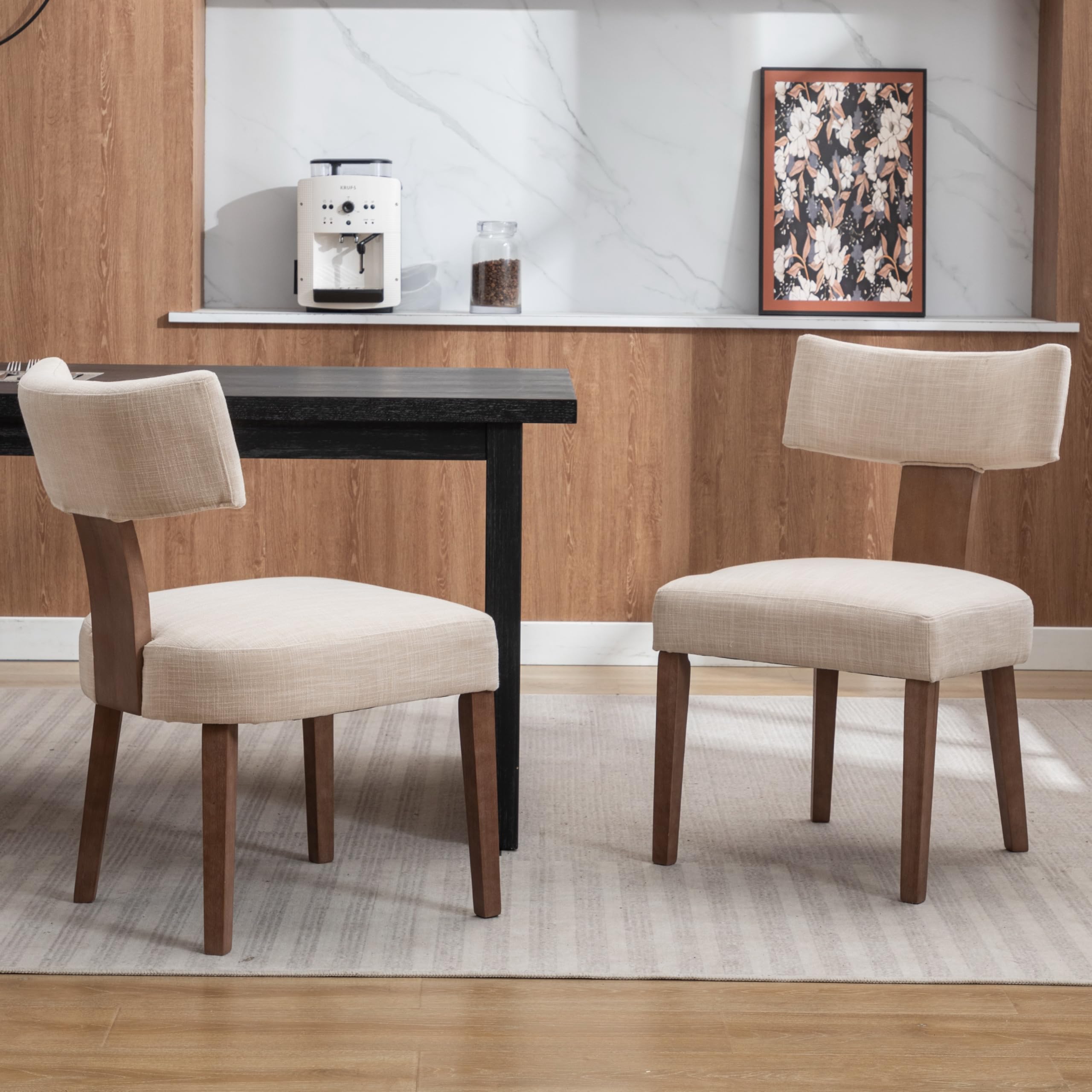 Mid Century Modern Dining Chairs Set of 2 - Upholstered Linen Fabric Kitchen Chairs with Curved Backrest & Wood Legs, Beige - Perfect for Farmhouse Dining Rooms & Cozy Breakfast Nooks