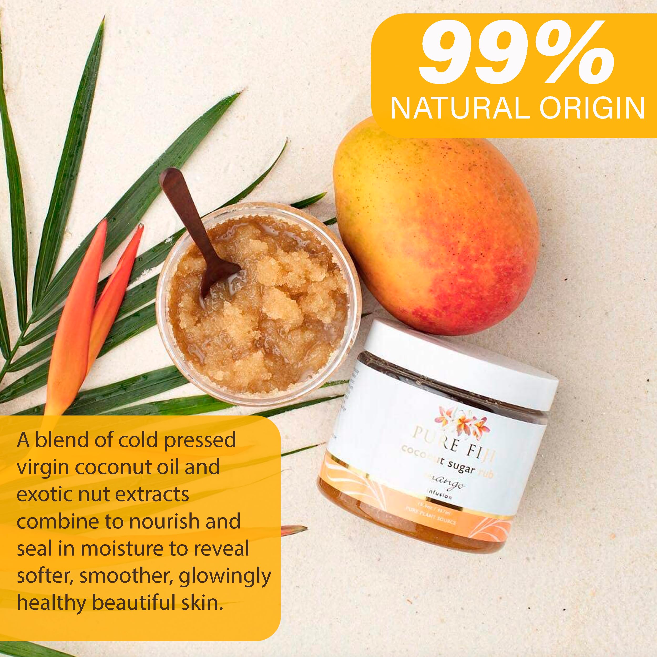 Pure Fiji Coconut Sugar Body Scrub - Natural Organic Exfoliator for Smooth & Soft Skin - Mango Scented Sugar Scrub for Body Care - 15.5 Oz - Perfect for Spa Day, Self-Care Routine & Gift Giving