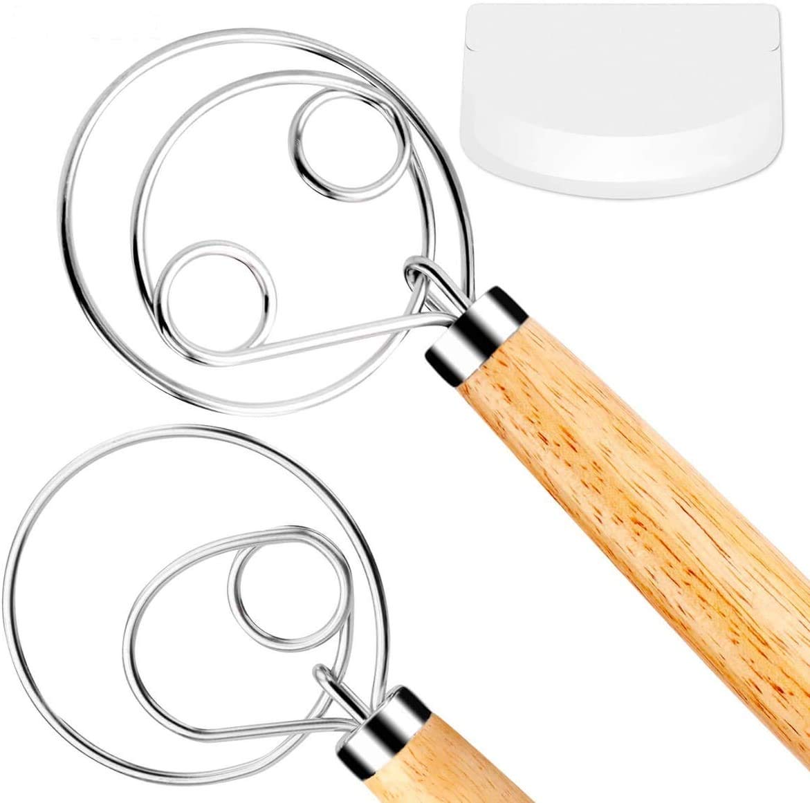 Premium Stainless Steel Danish Dough Whisk 2-Pack with Dough Scraper - Heavy Duty Bread Mixer for Baking Bread, Pastry, Pizza Dough - Ideal for Home Bakers & Professional Kitchens