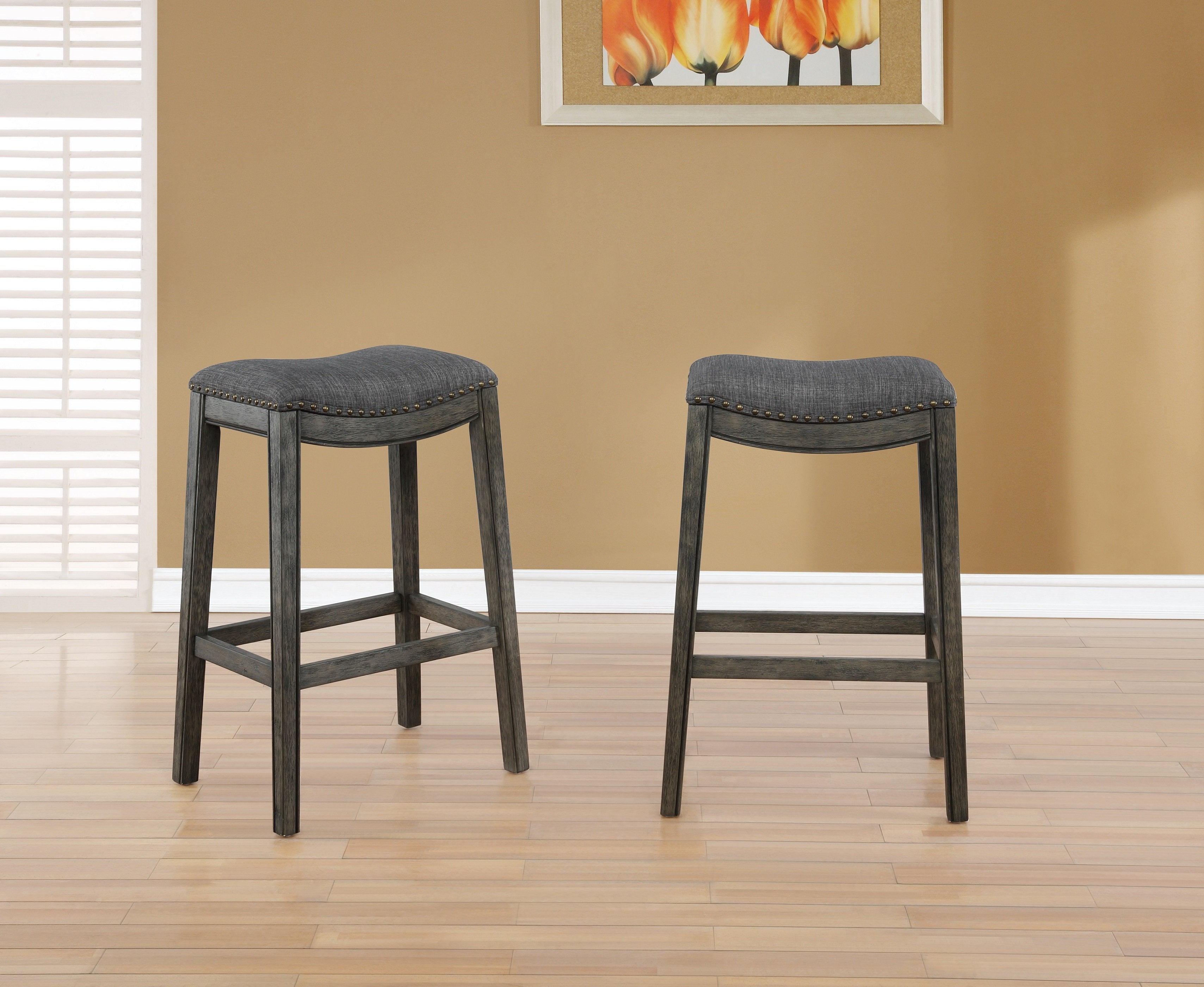 Roundhill Furniture Maroni Whitewash Finish Fabric Upholstery Nailhead Bar Stools - Set of 2 Gray Saddle Stools for Kitchen Island, Breakfast Bar & Home Decor